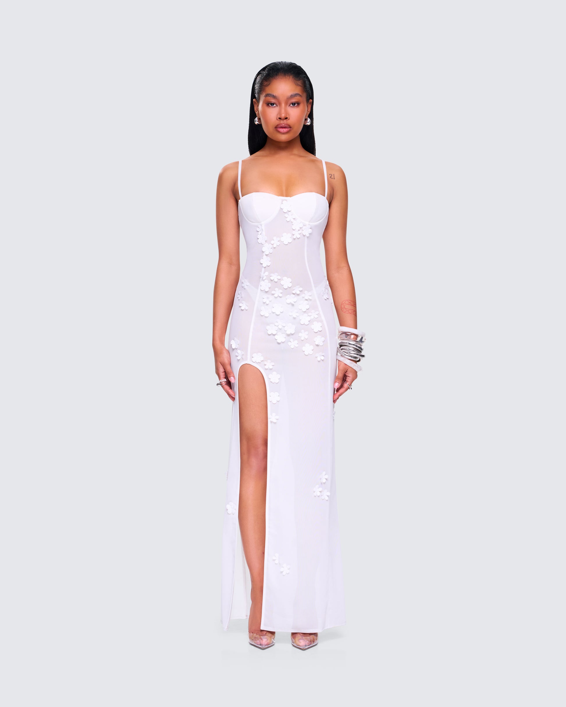Myla White Floral Mesh Maxi Dressmodel front