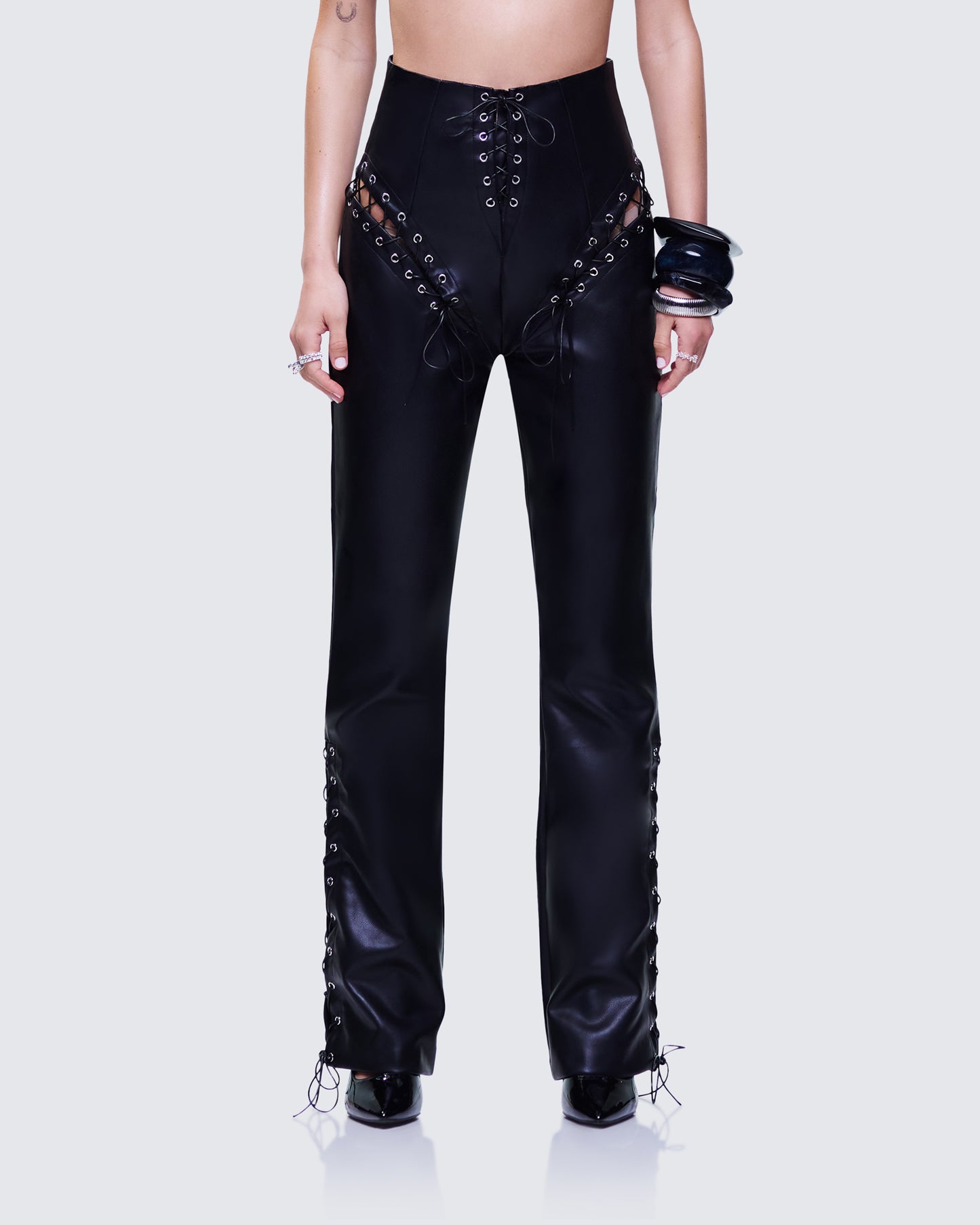 Nada Black Lace Up High Waisted Pant model front