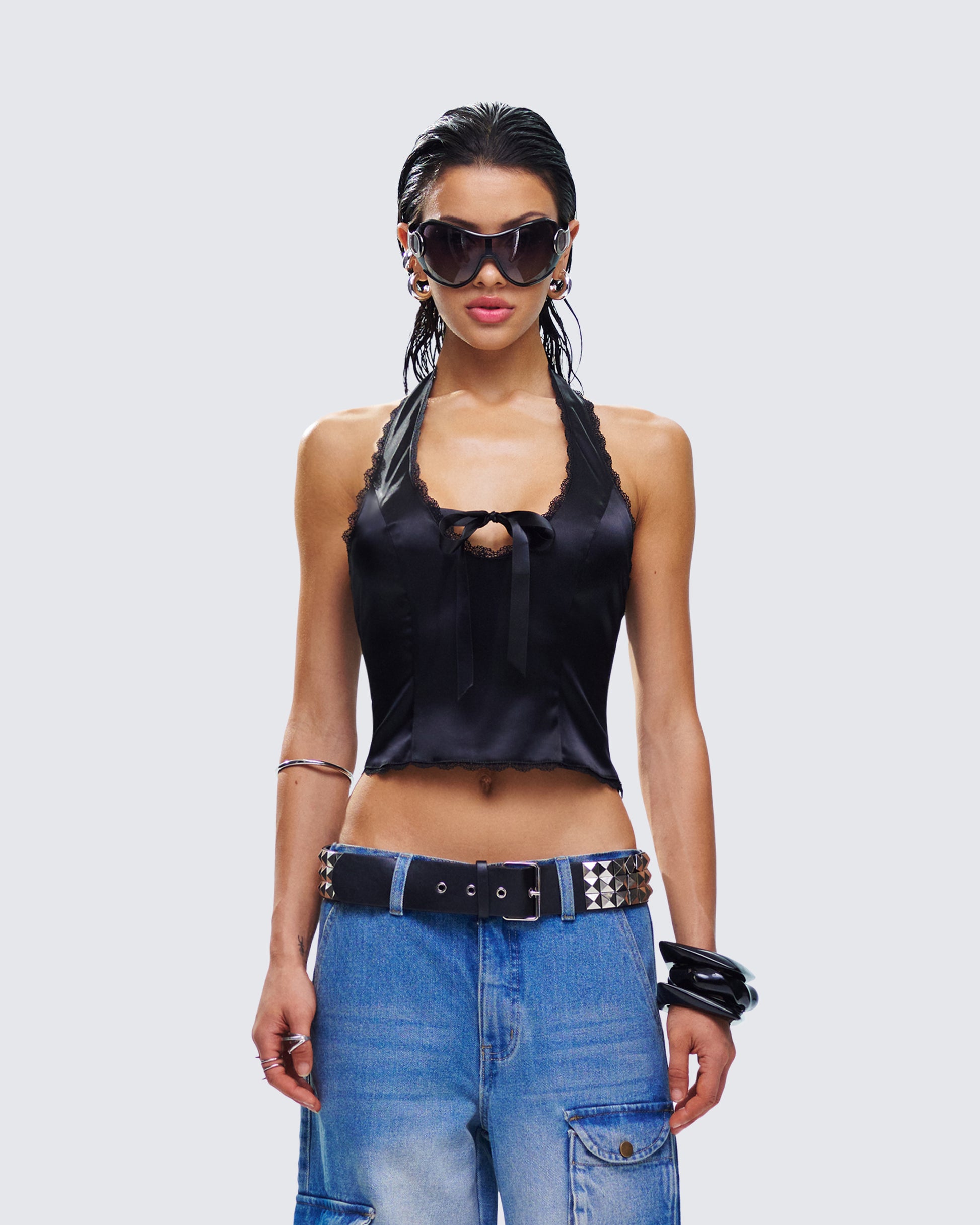 Nalini Black Halter Lace Trim Top model front