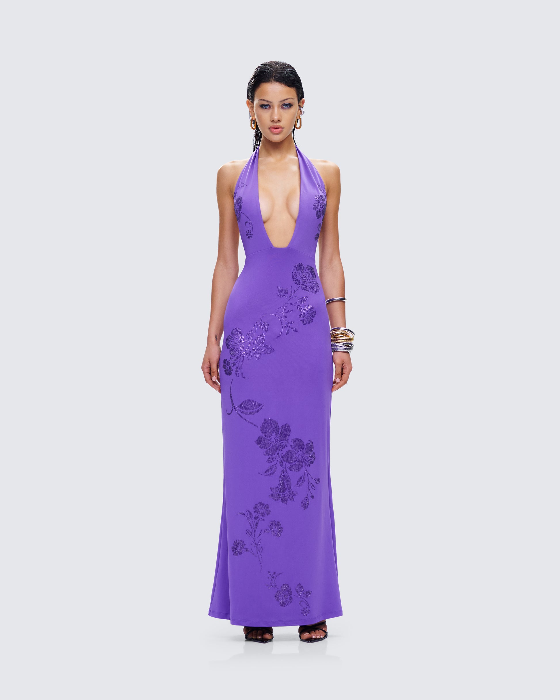 Nari Purple Rhinestone Plunge Maxi Dress model front