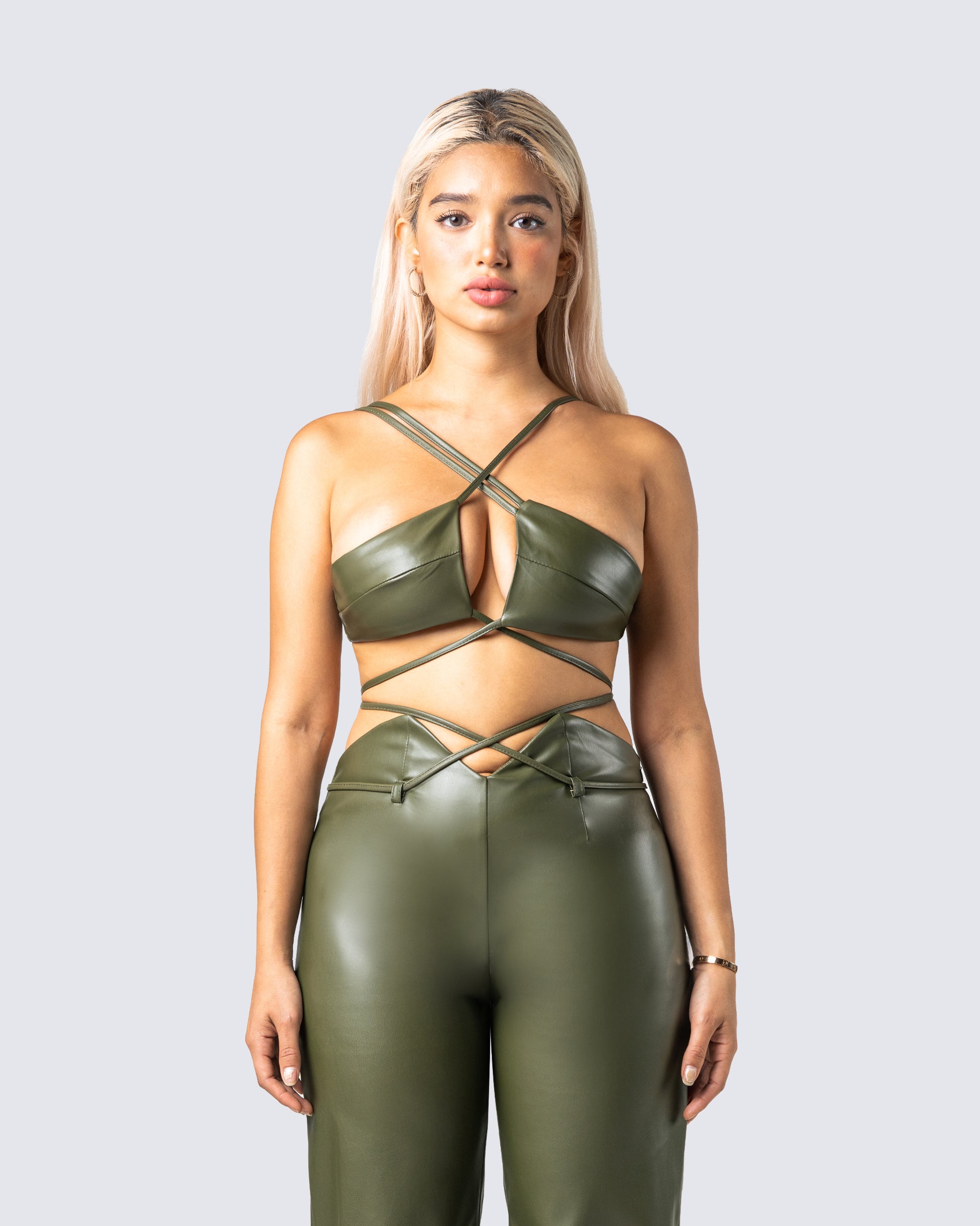 Nadir Olive Vegan Leather Tie Top model front