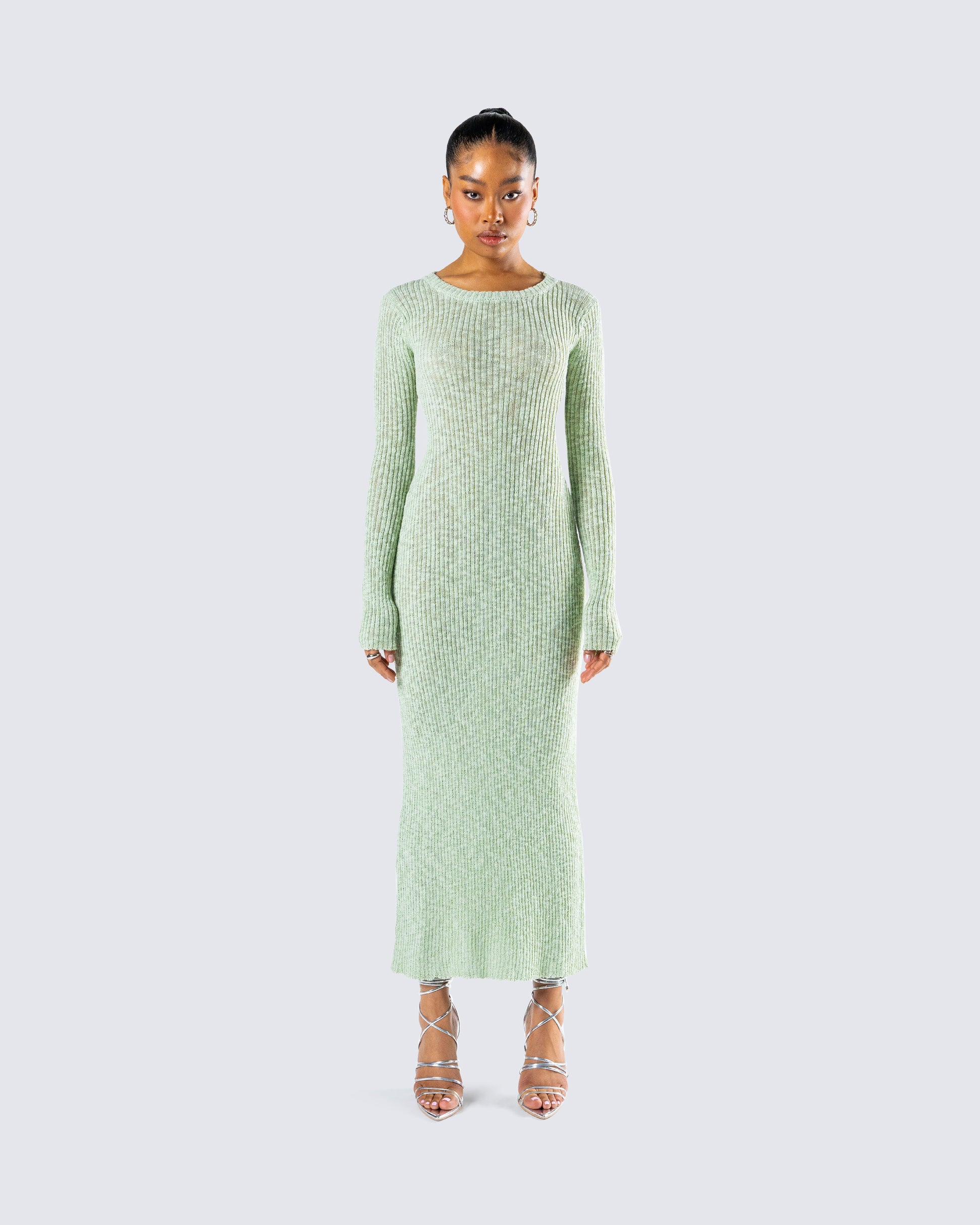 Nea Green Sweater Knit Midi Dress model front