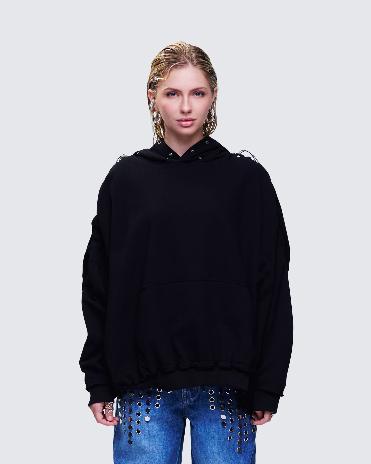 Nerea Black Eyelet Trimmed Toggled Hoodie model front