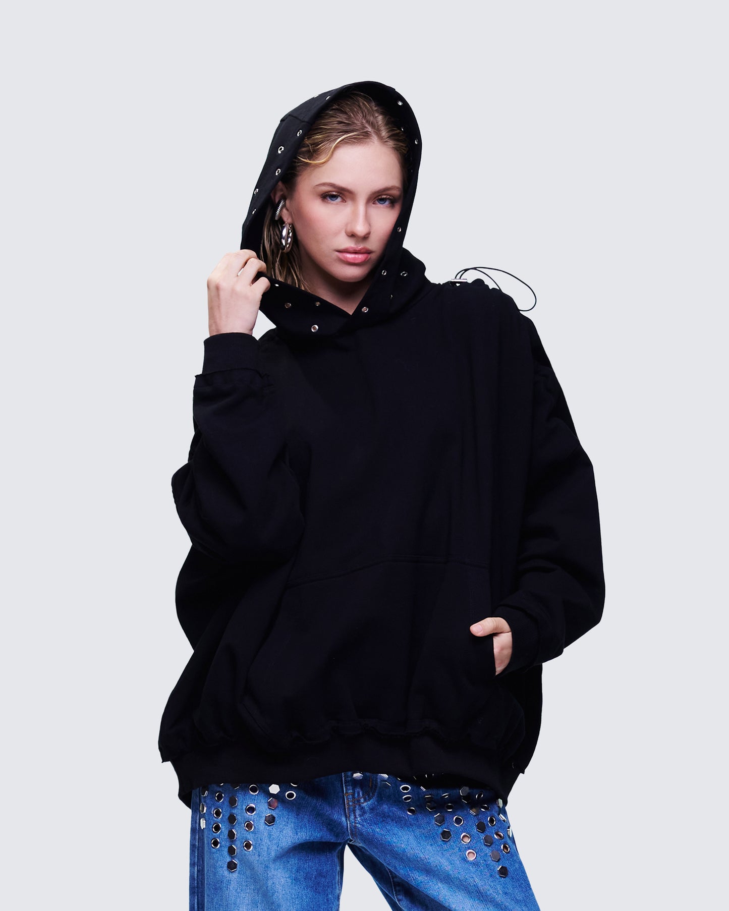 Nerea Black Eyelet Trimmed Toggled Hoodie