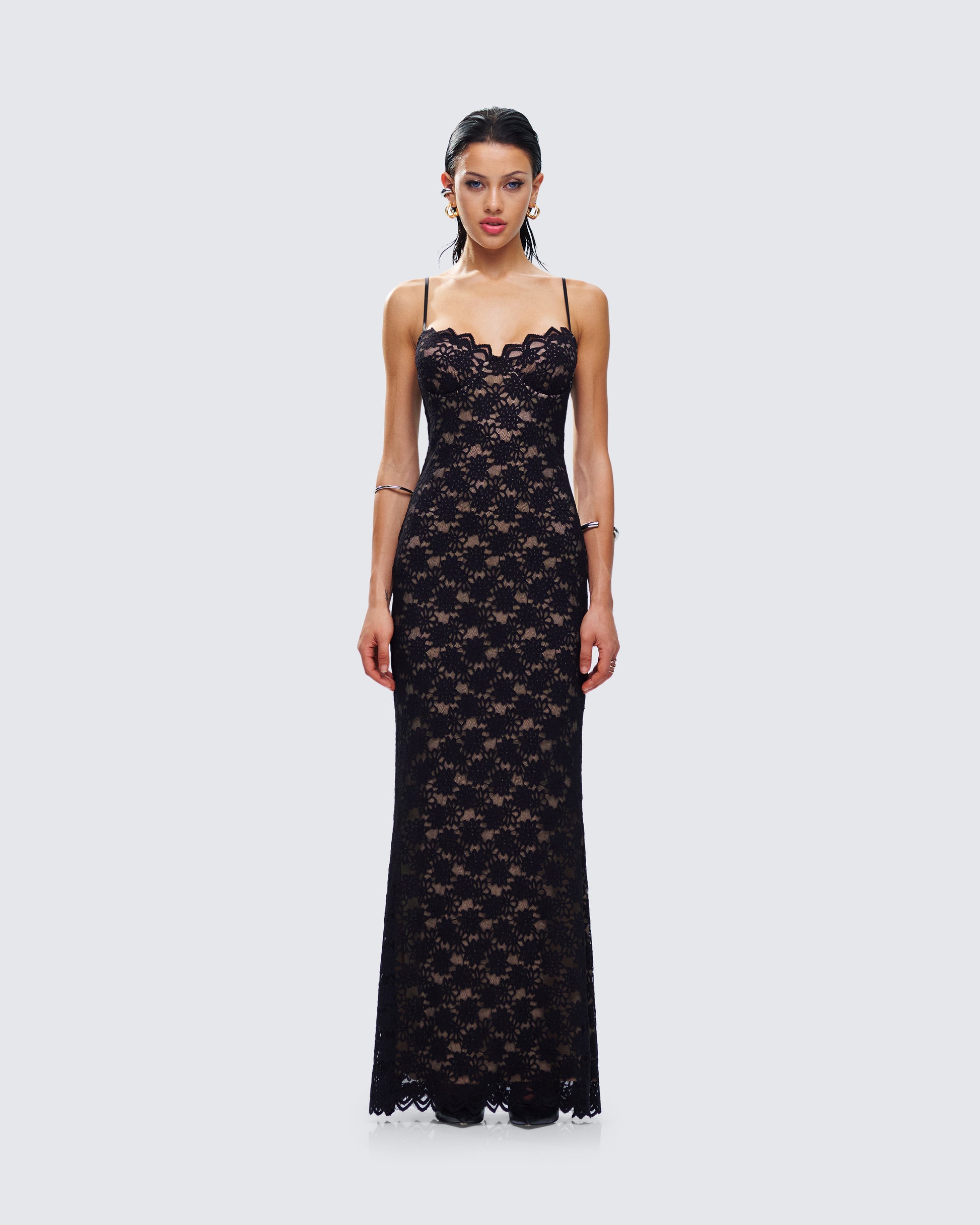 Nevaeh Black Lace Maxi Dress model front
