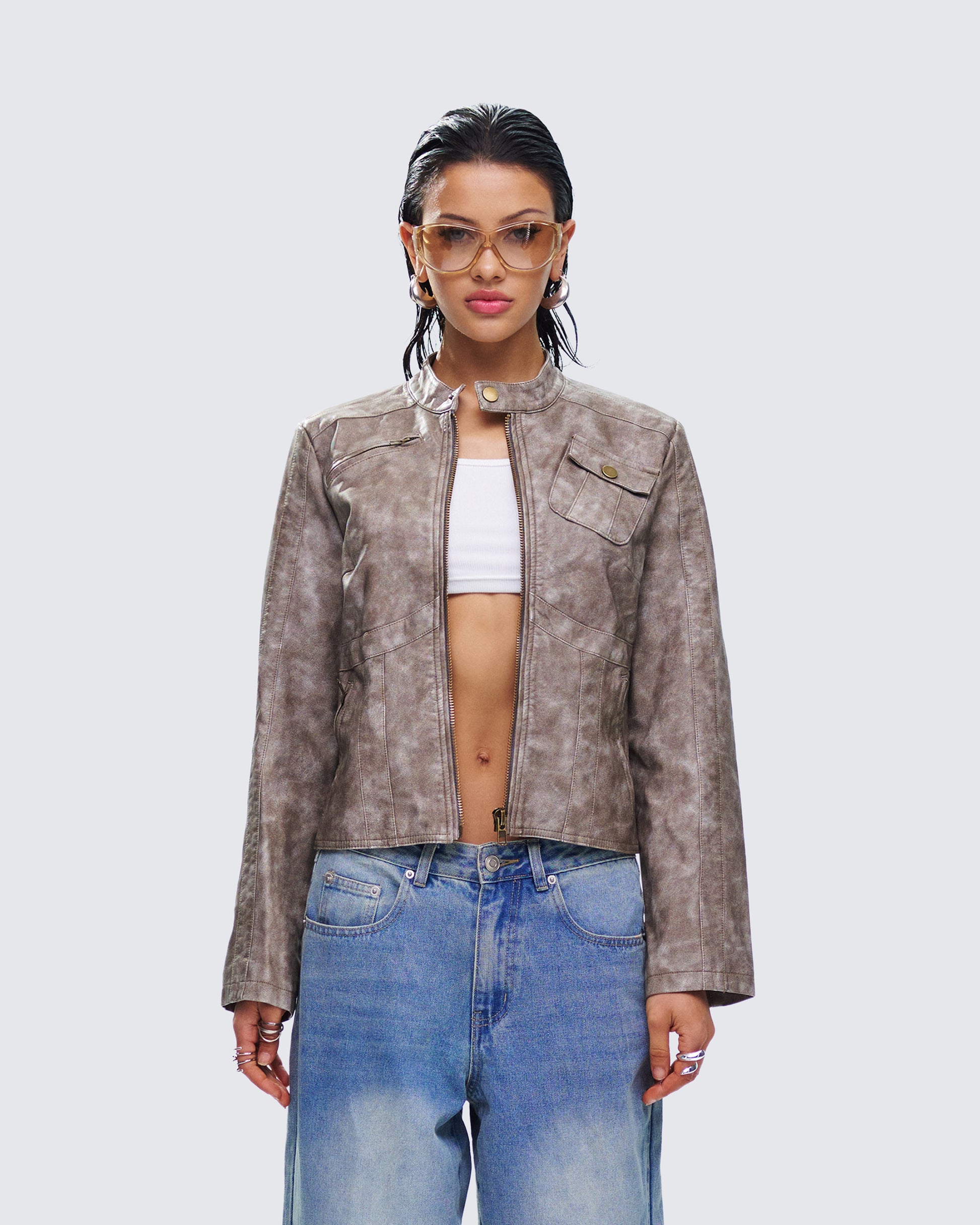 Nevelle Sage Wash Faux Leather Jacket model front