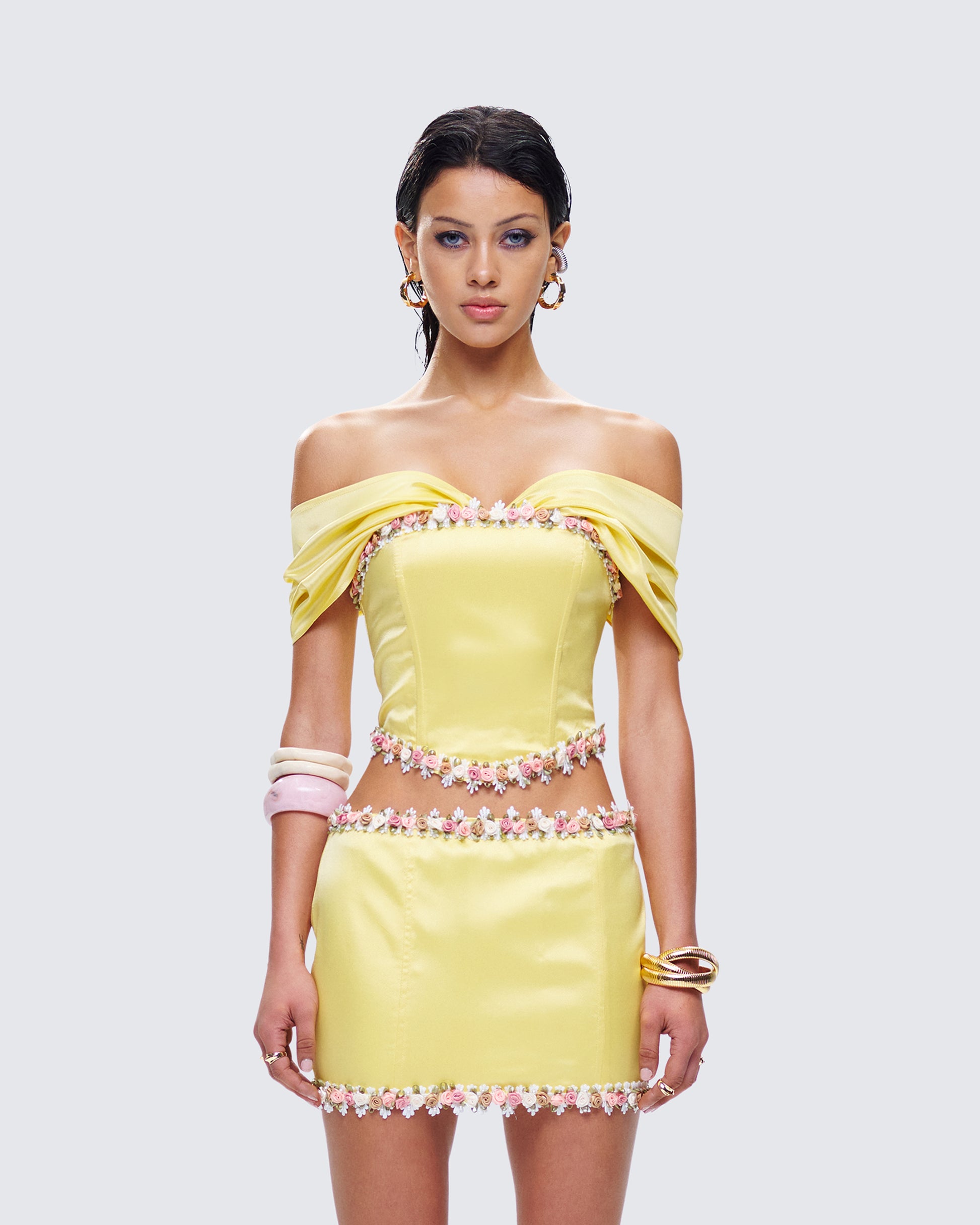 Nori Yellow Floral Off Shoulder Top model front