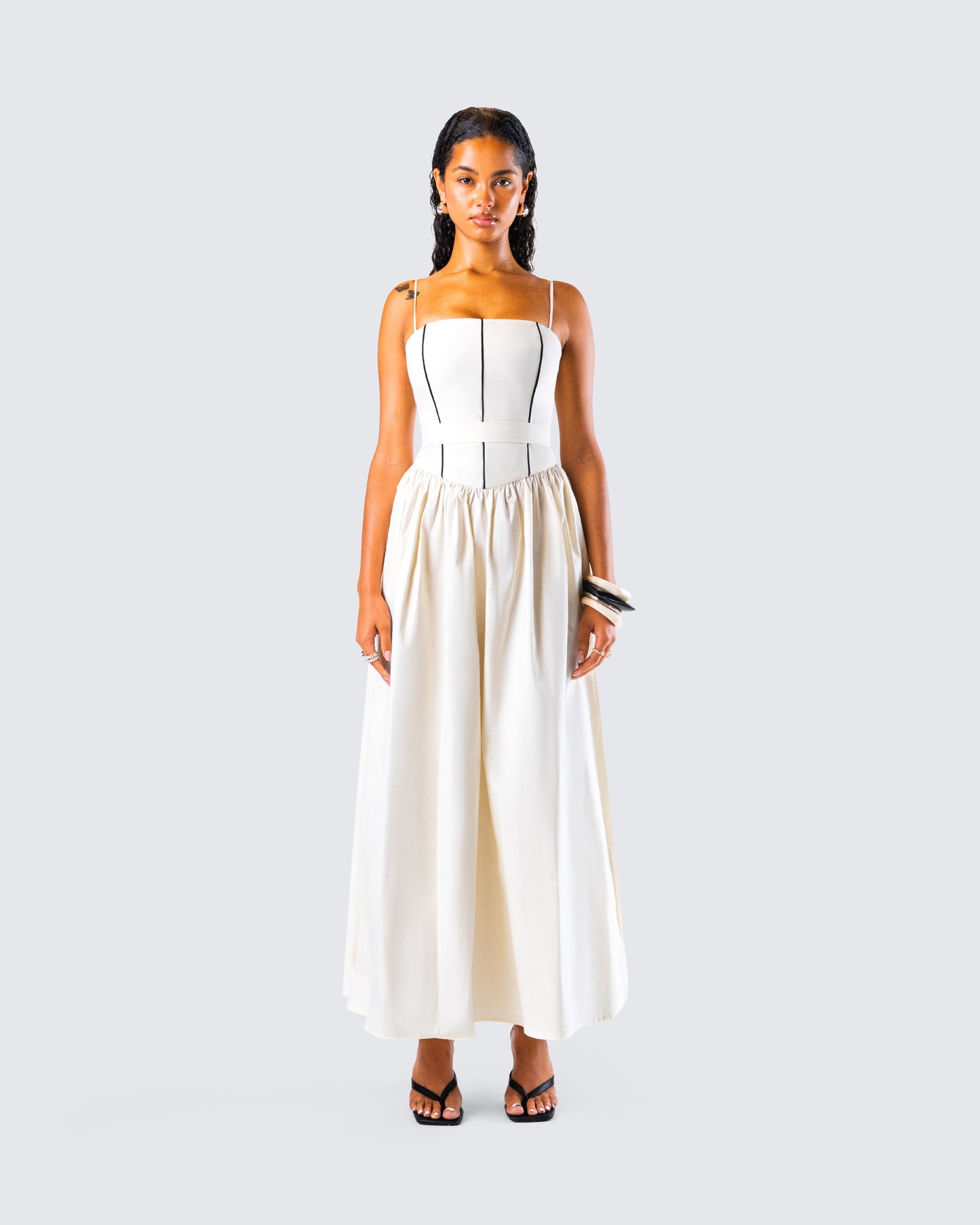Nya Ivory Cotton Maxi Dress model front