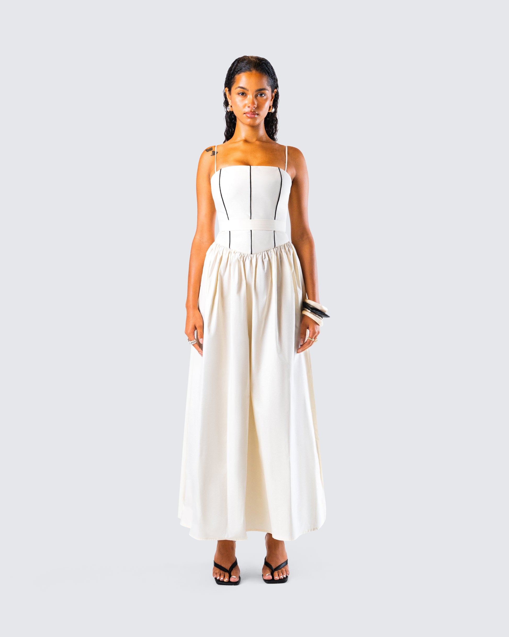 Nya Ivory Cotton Maxi Dress model front