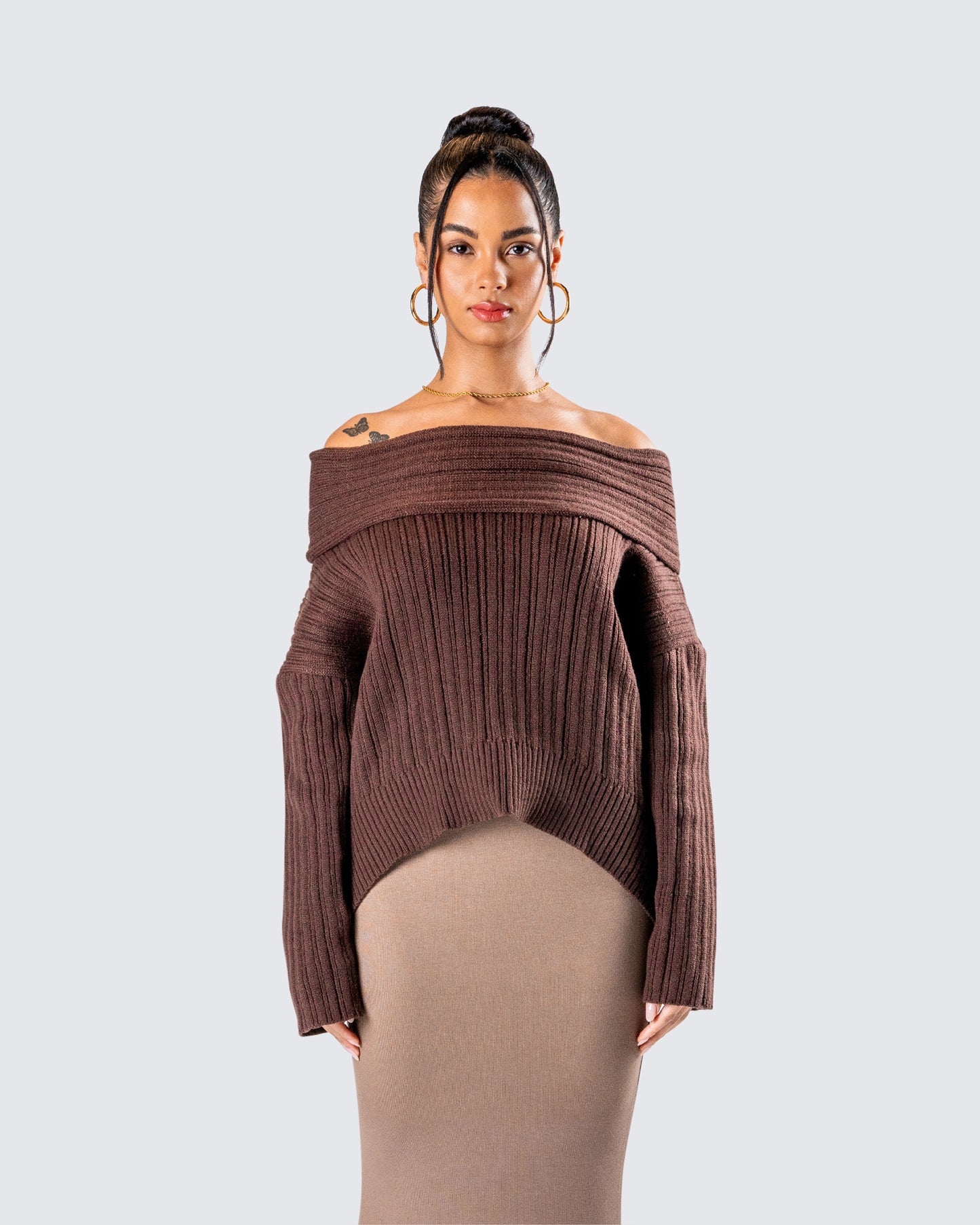 Nyx Brown Off Shoulder Sweater Top model front