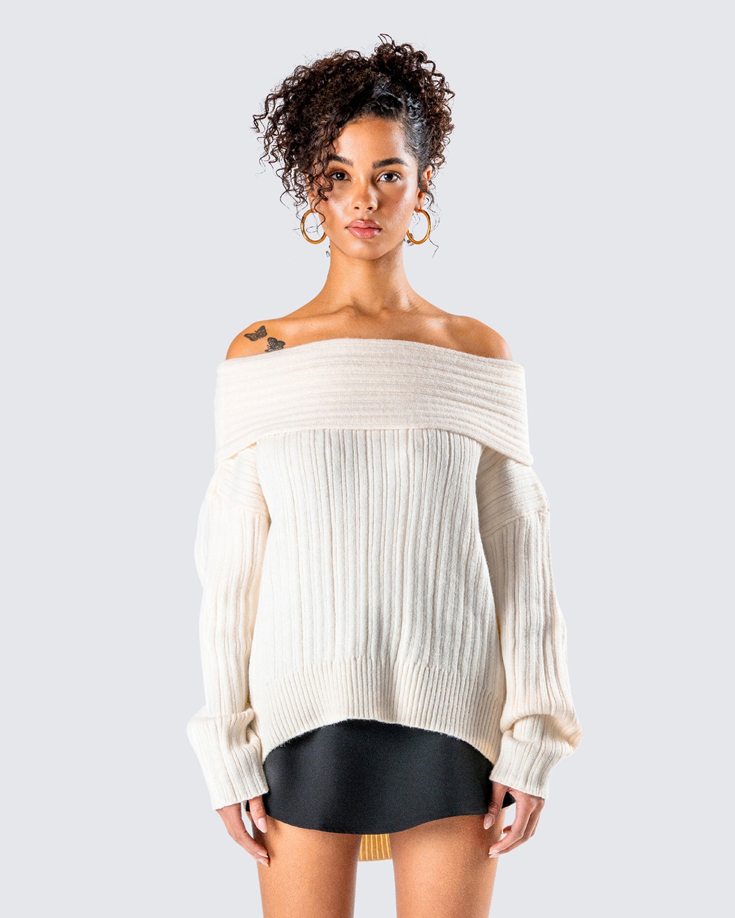 Nyx Ivory Off Shoulder Sweater Top model front