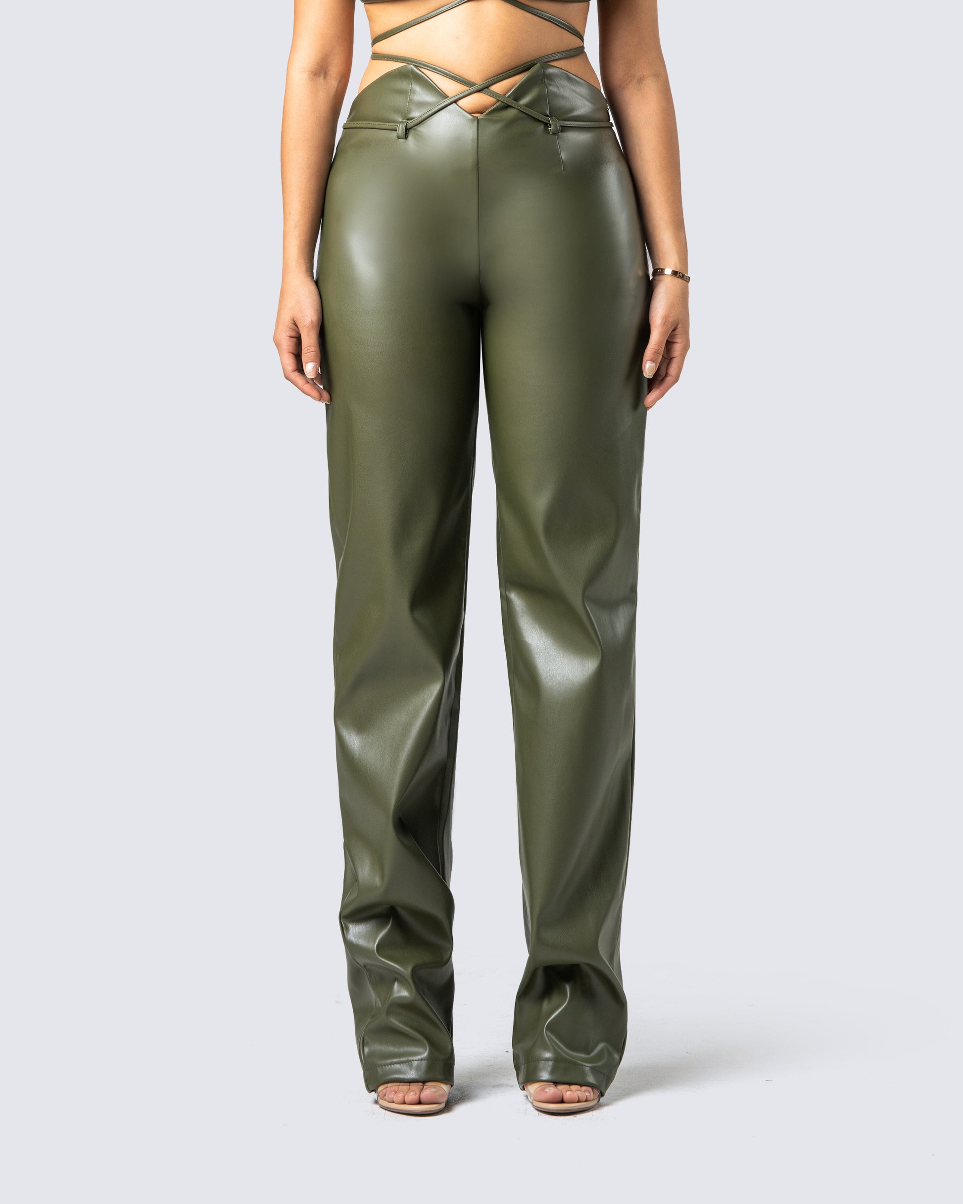 Nadir Olive Vegan Leather Pant model front