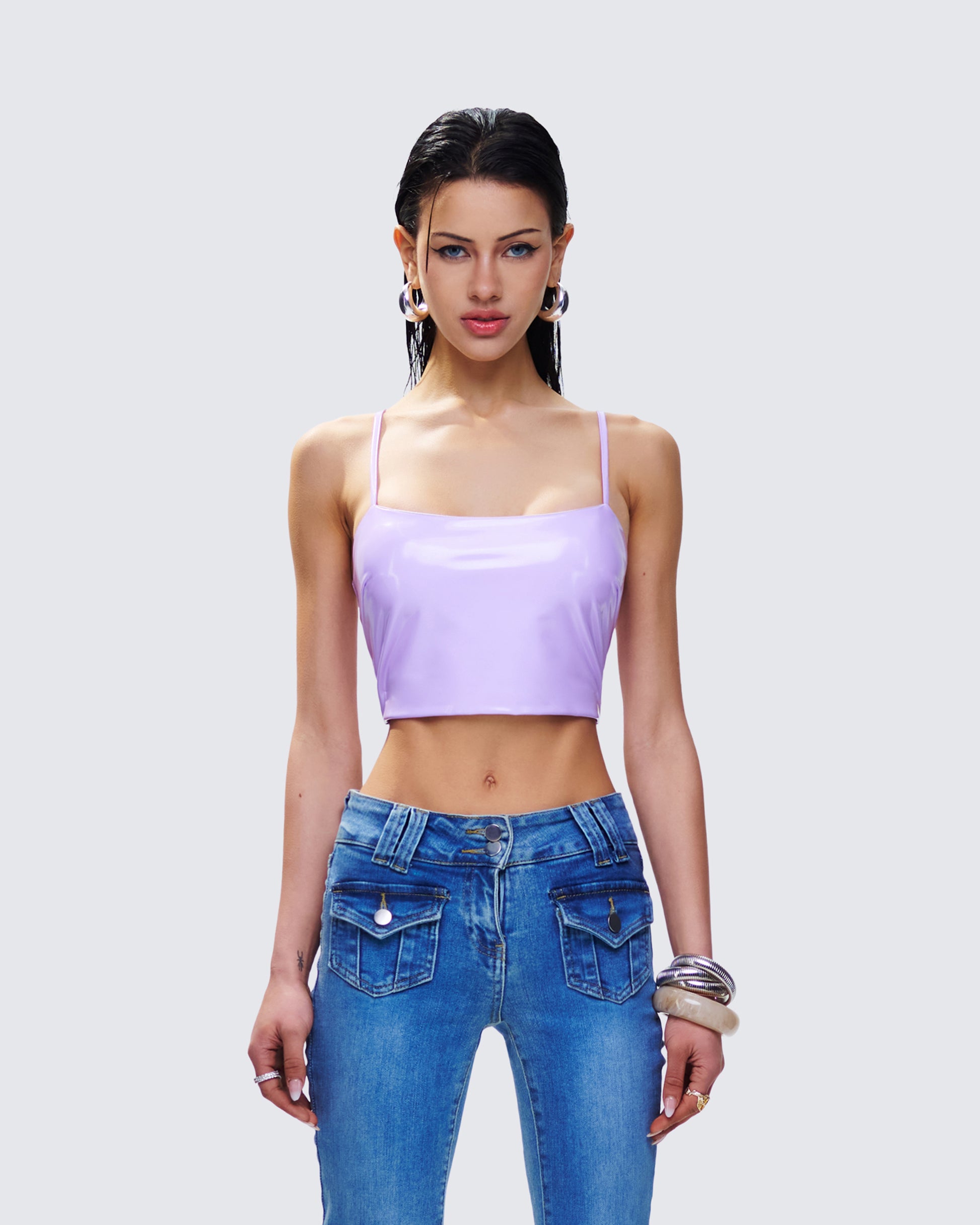 Odalis Lilac Vegan Leather Crop Top model front