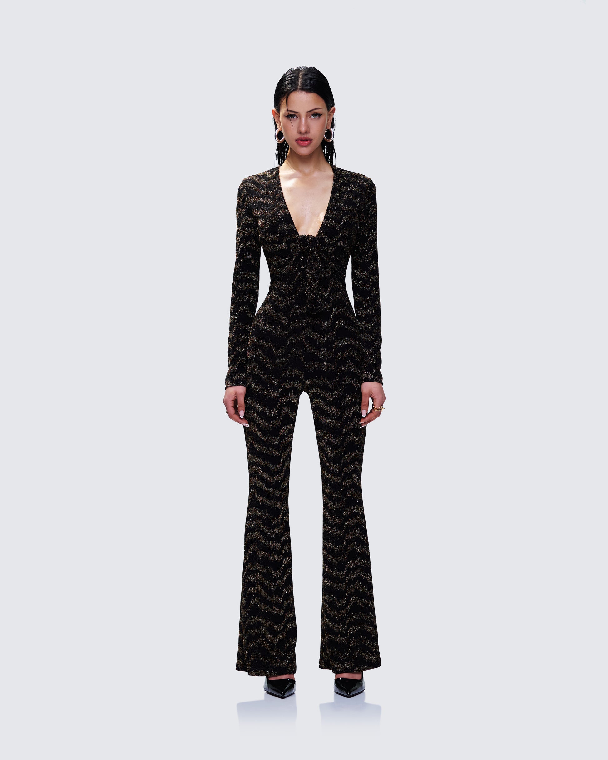 Odessa Black and Gold Metallic Jumpsuit model front