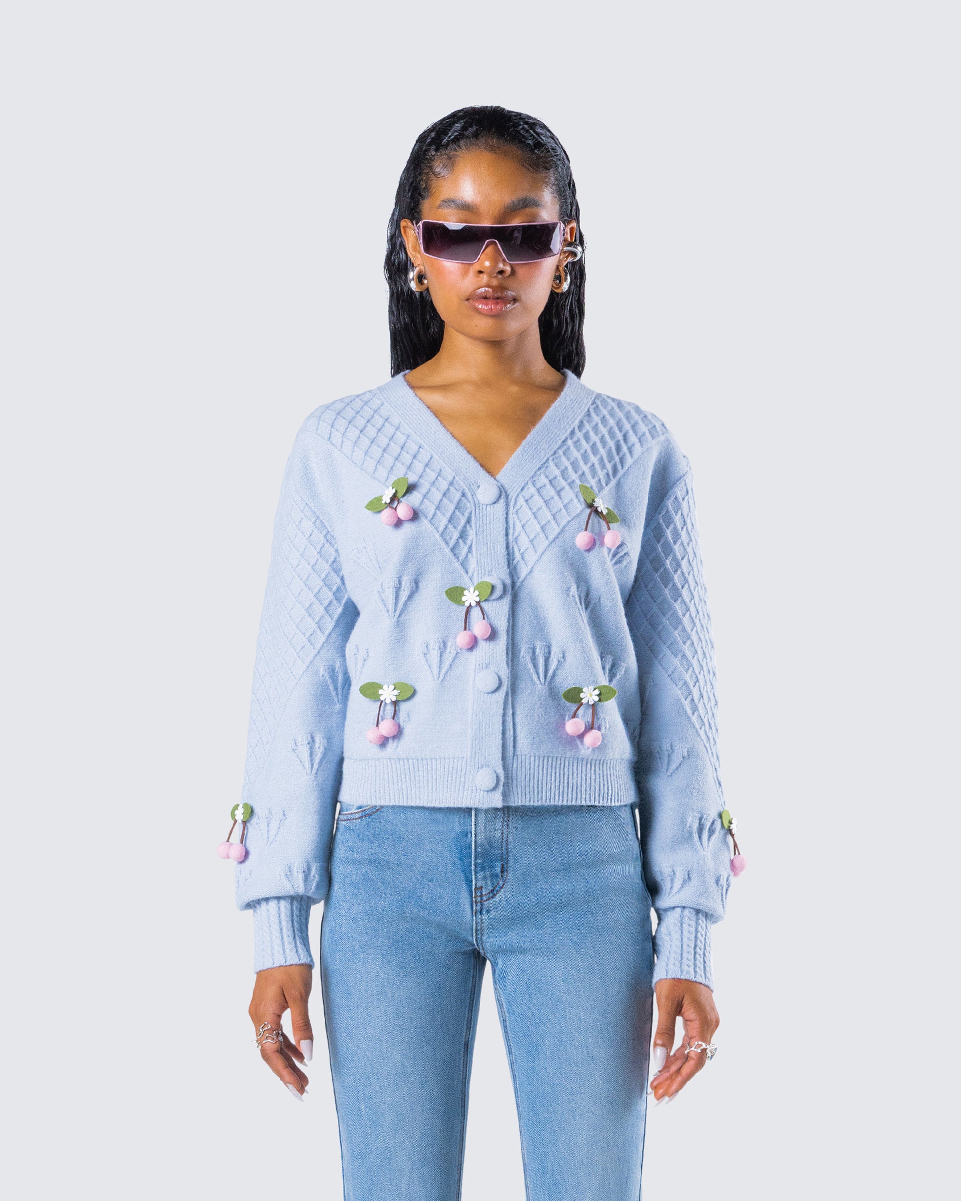 Olea Lavender Cherry Trim Cardigan model front