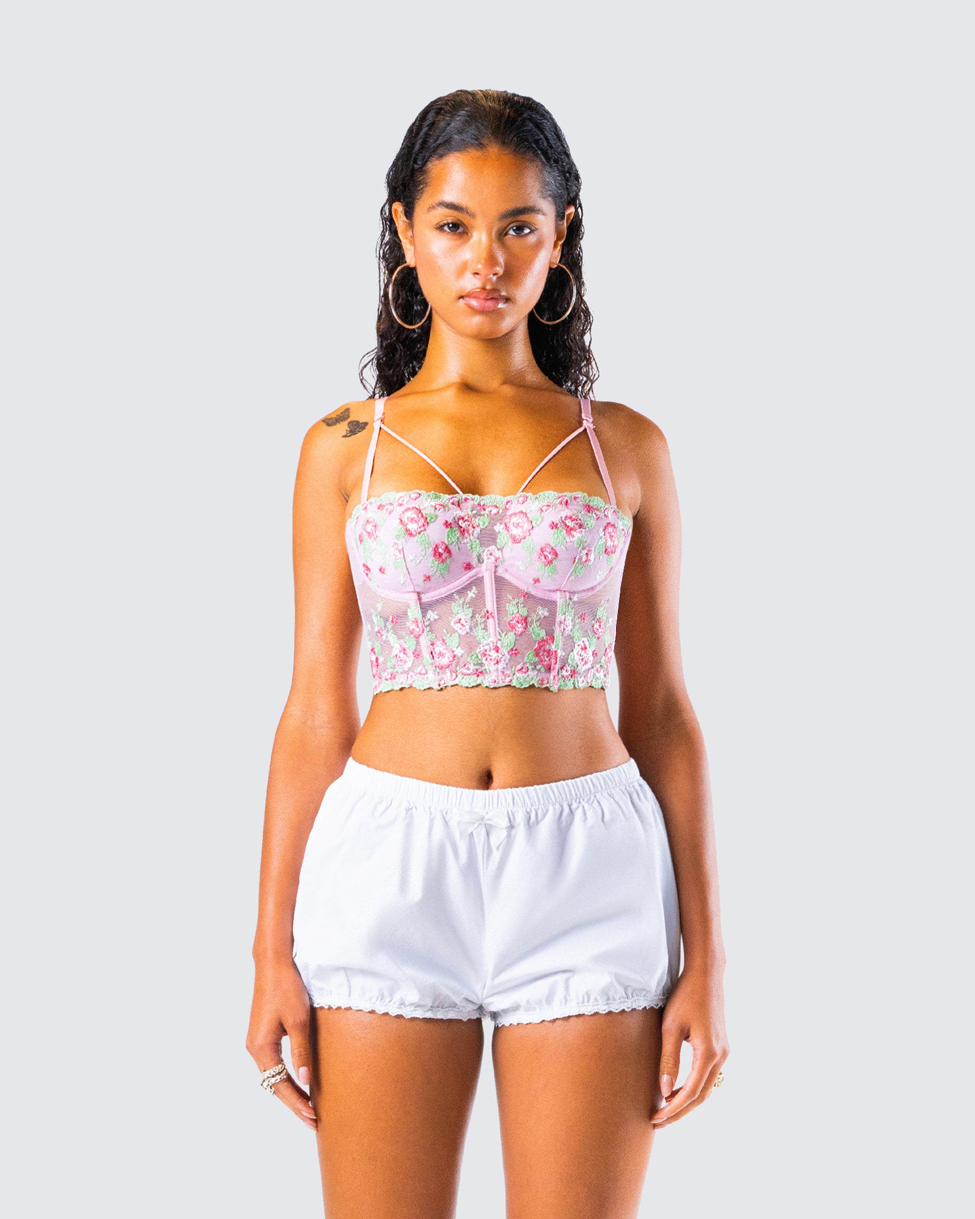 Olivia Pink Flower Corset Top model front