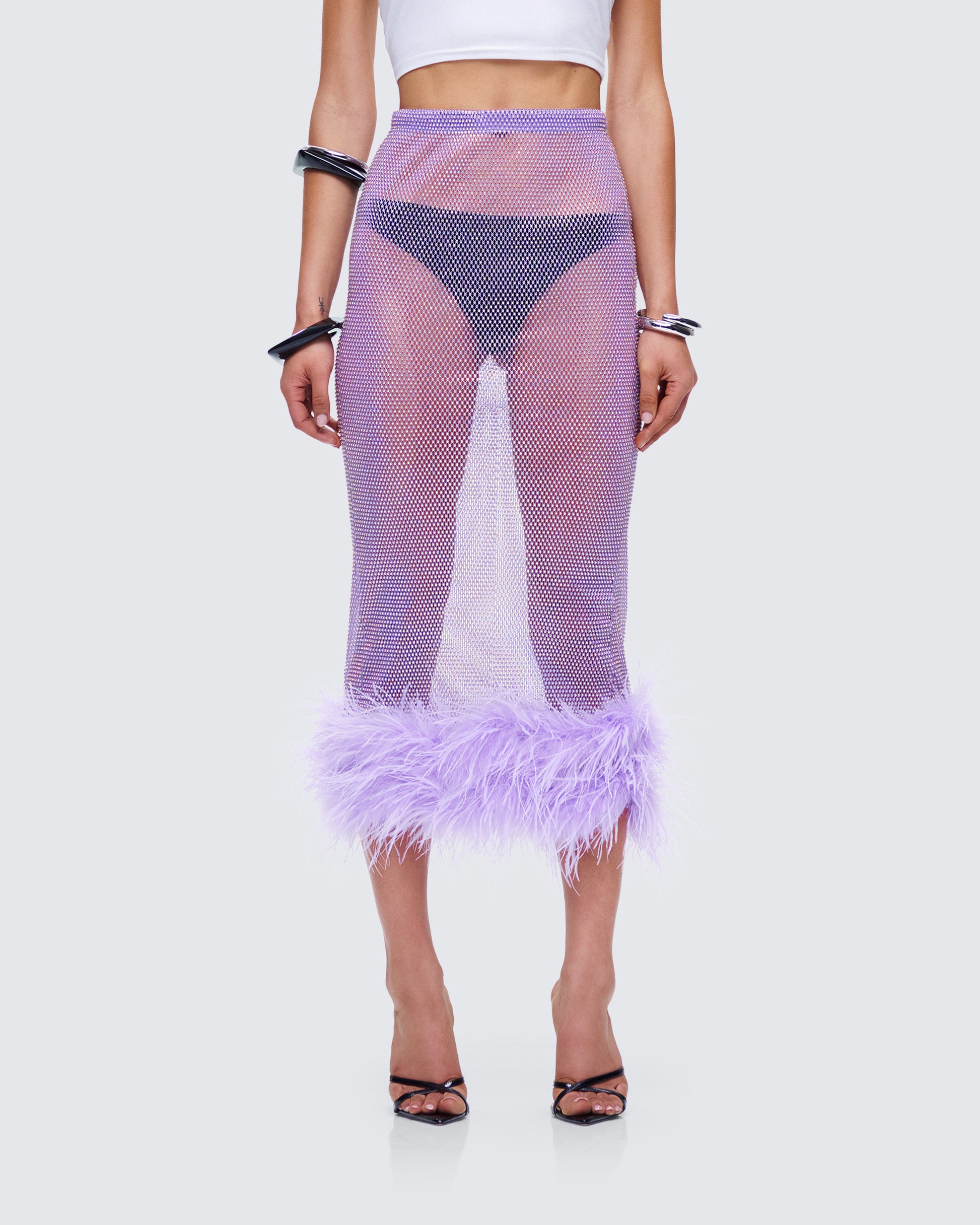 Ophira Lavender Rhinestone Feather Trim Skirt model front
