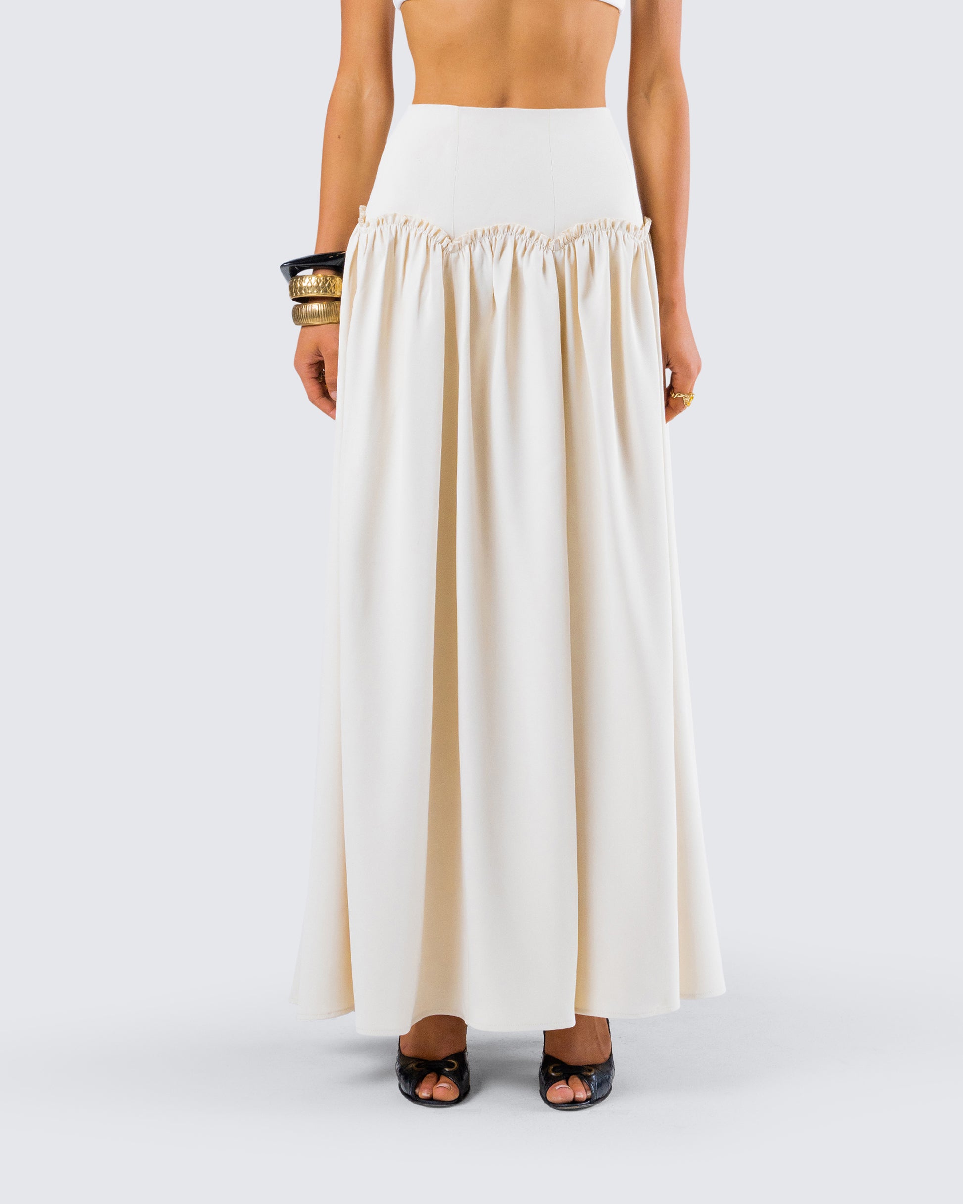 Orla Cream Ruched Maxi Skirt model front