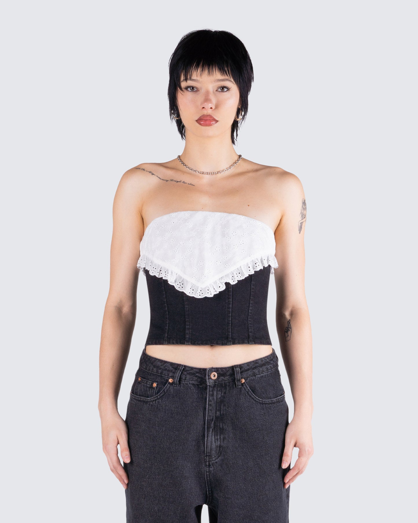 Padma Multi Eyelet Denim Tube Top model front