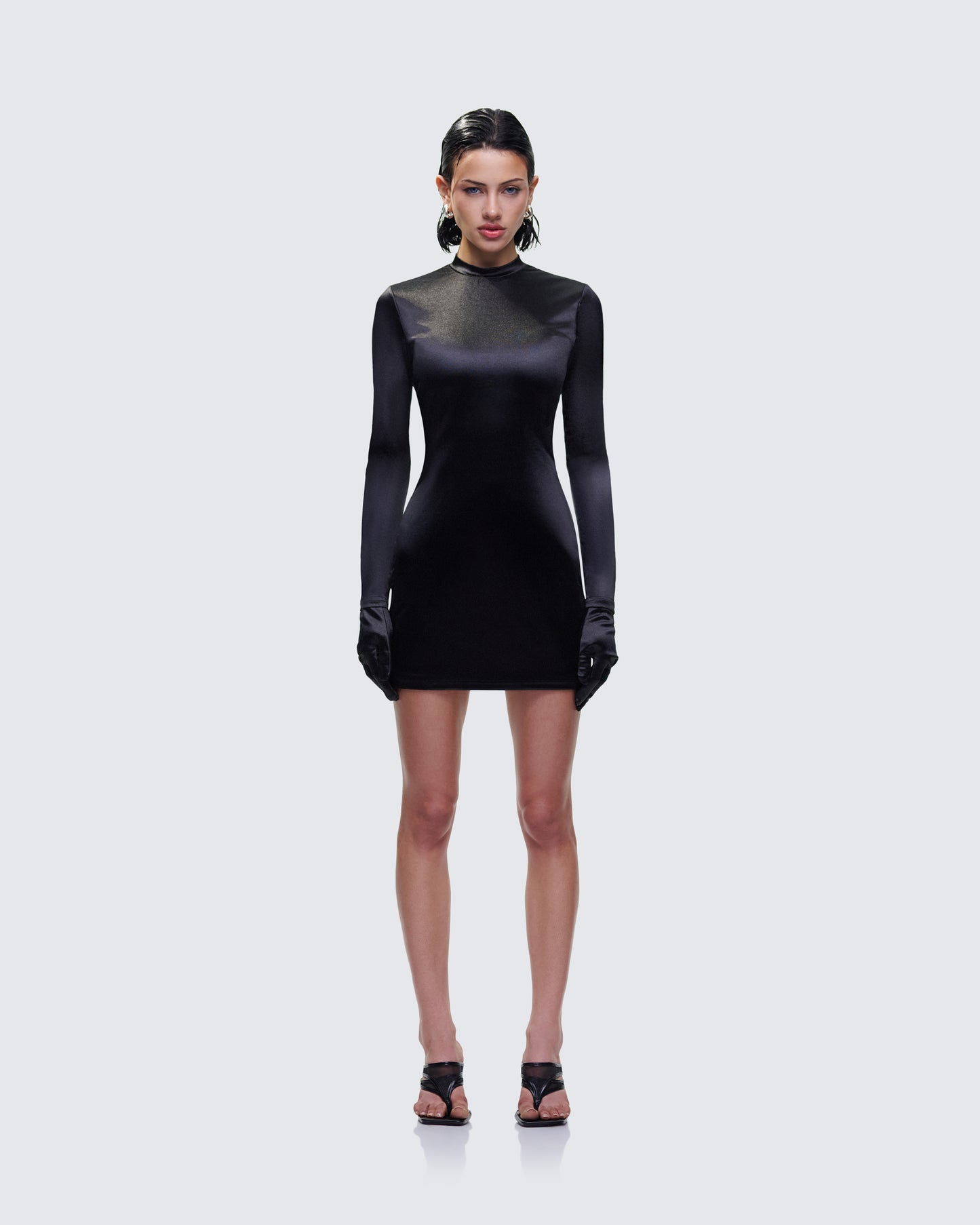 Pam Black Mini Dress & Gloves model front
