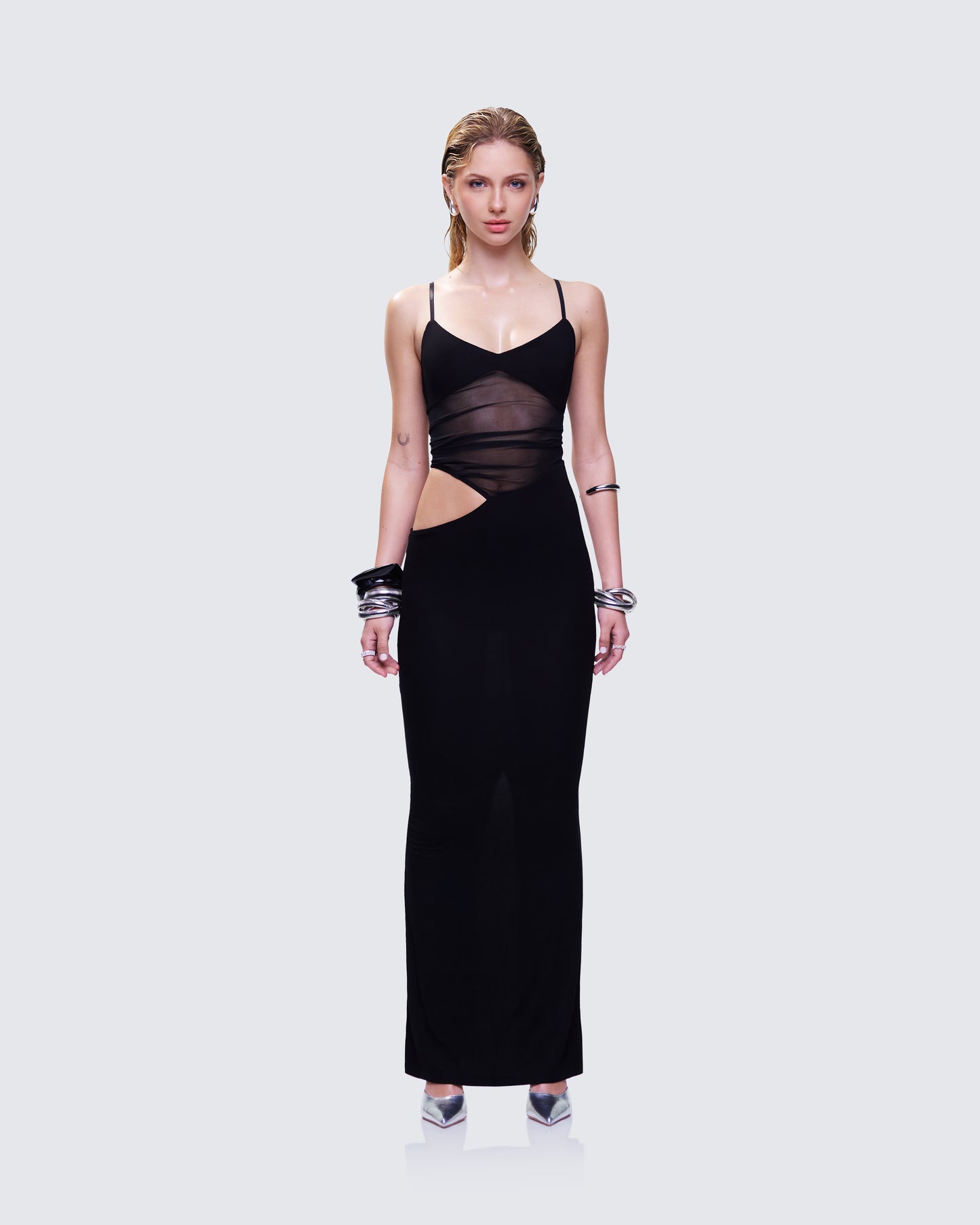 Philomena Black Mesh Window Maxi Dress model front