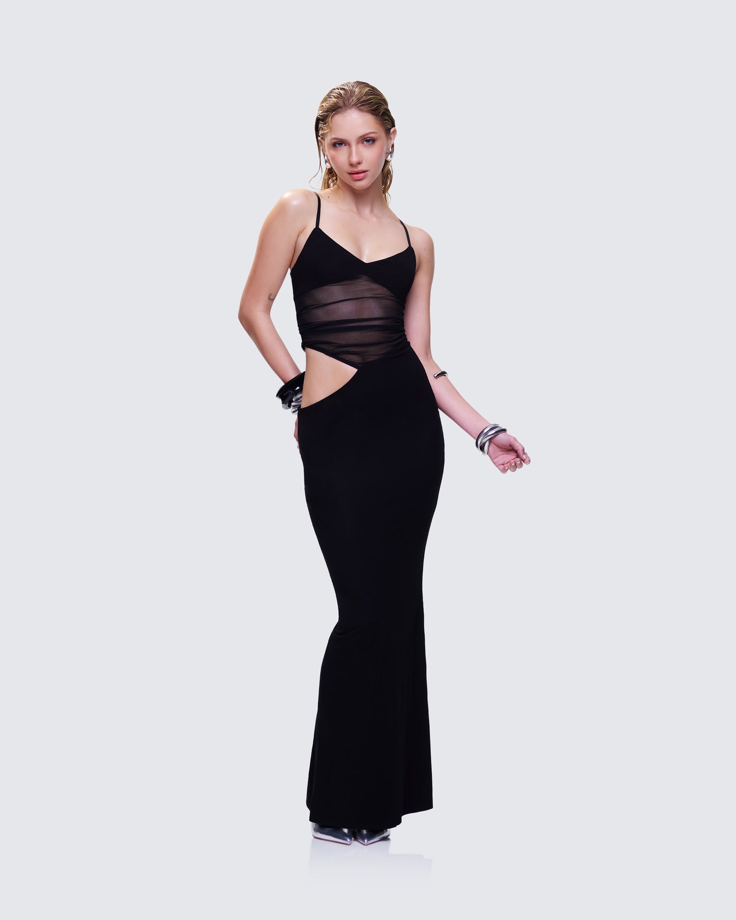 Philomena Black Mesh Window Maxi Dress