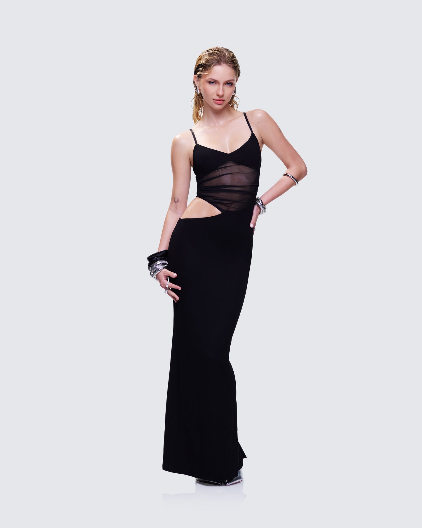 Philomena Black Mesh Window Maxi Dress