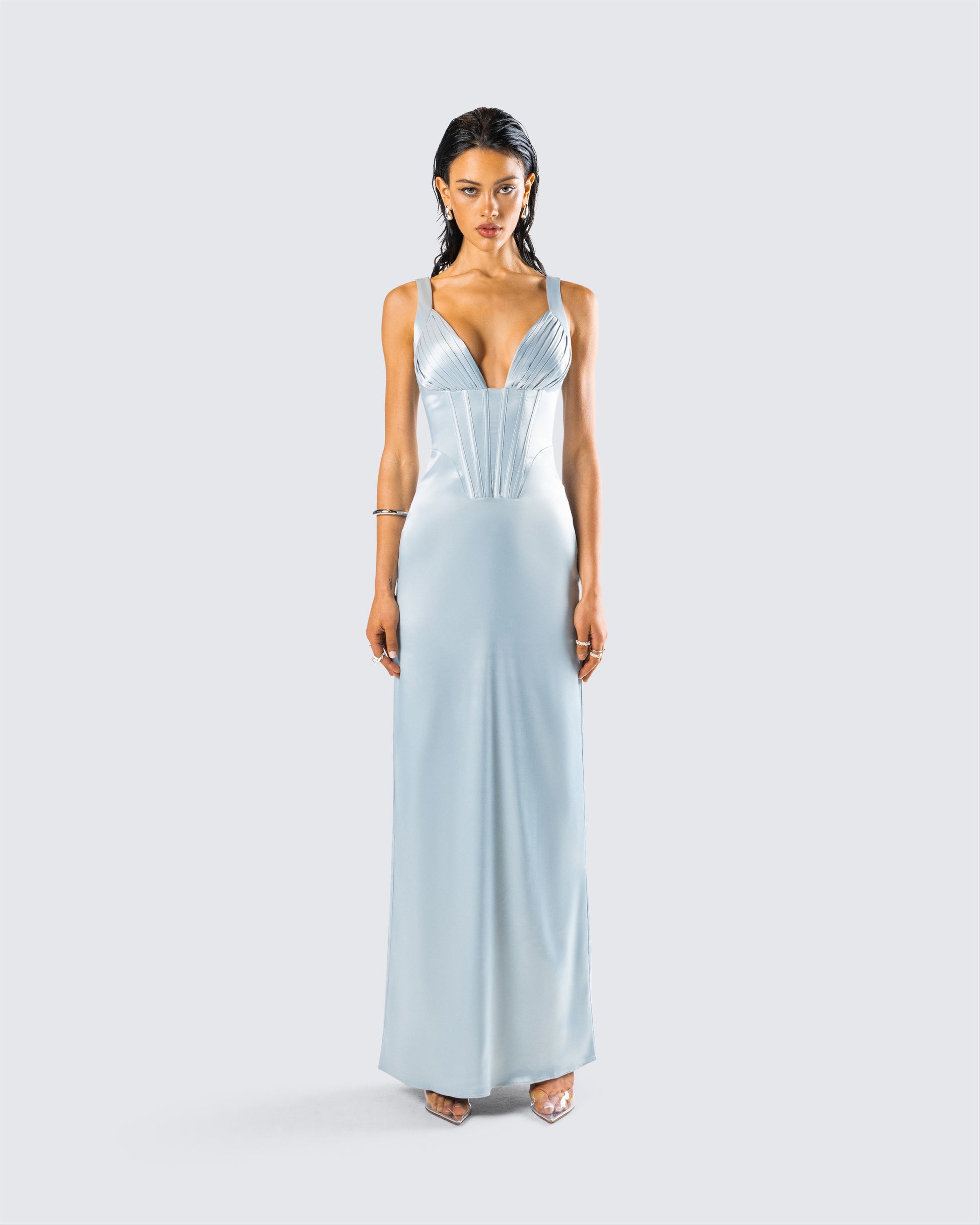 Rasha Teal Satin Corset Maxi Dress model front