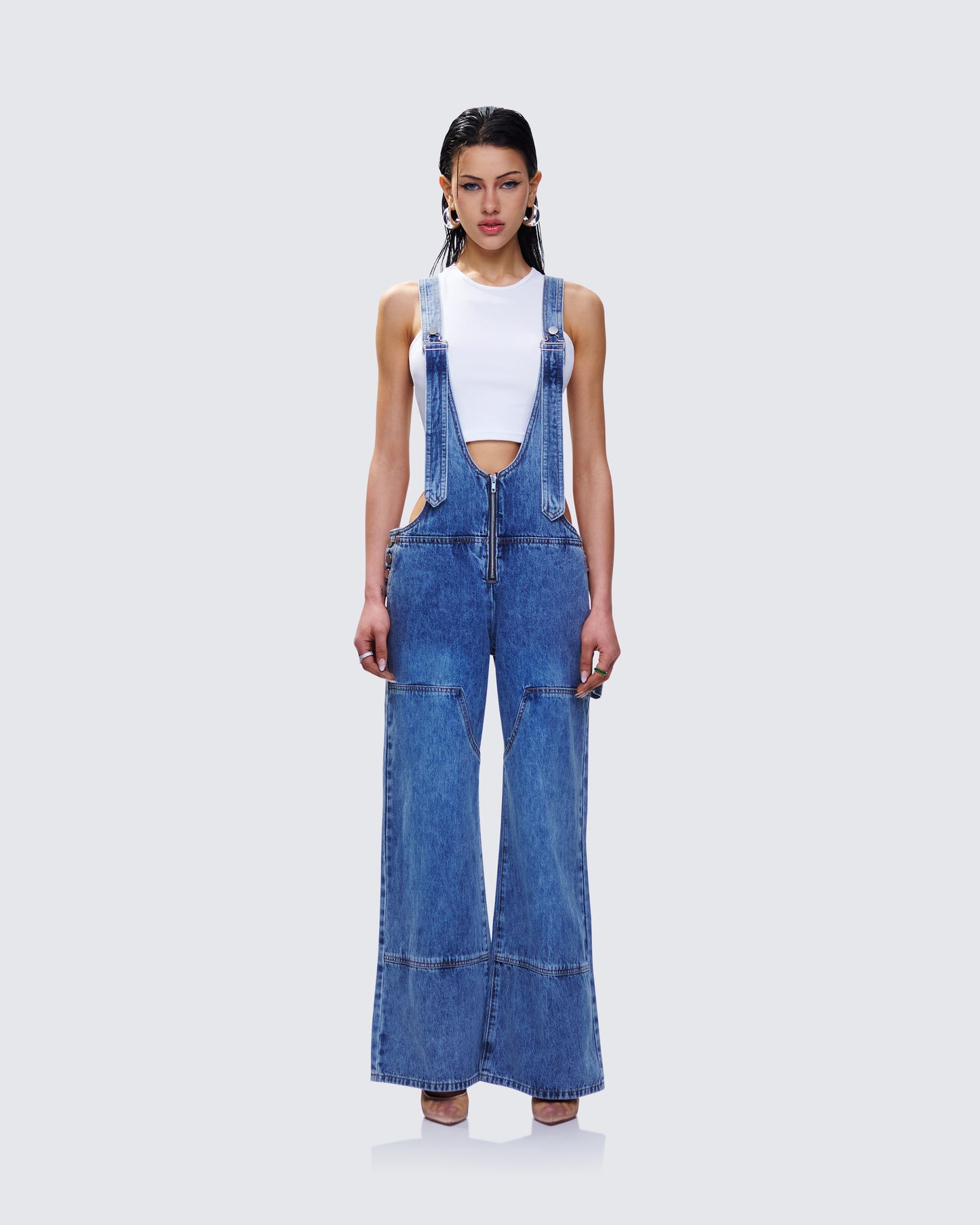 Reeva Blue Denim Overalls model front