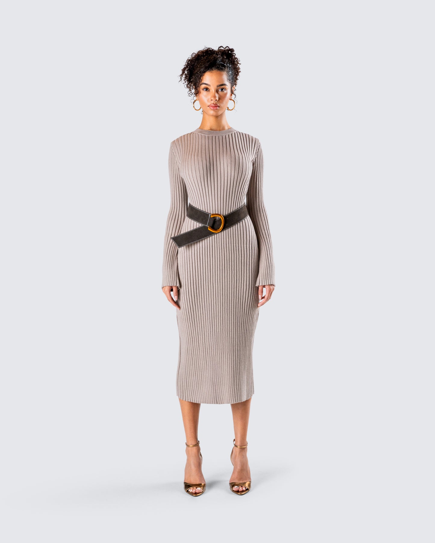 Rejina Taupe Wide Rib Midi Dress model front
