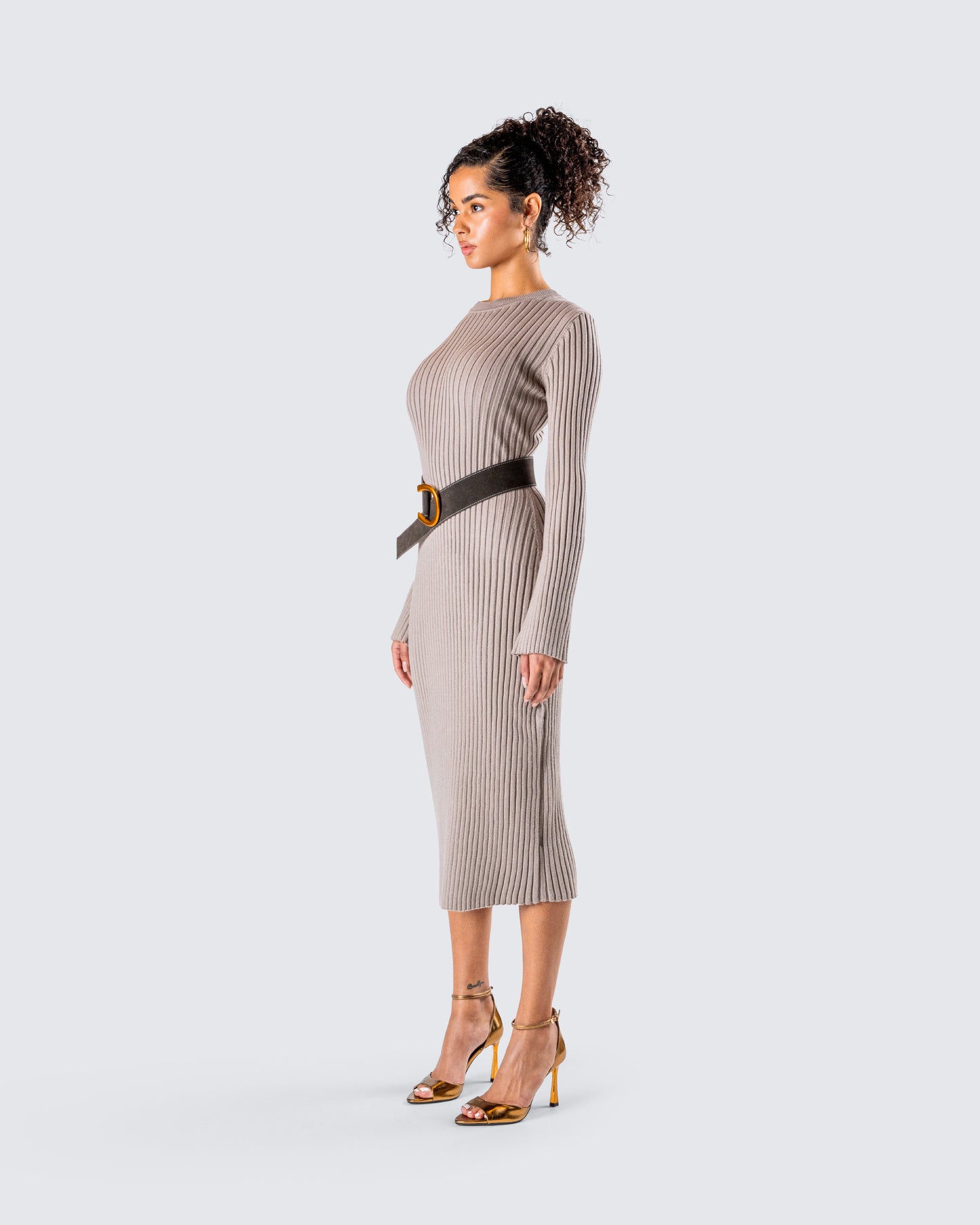 Rejina Taupe Wide Rib Midi Dress