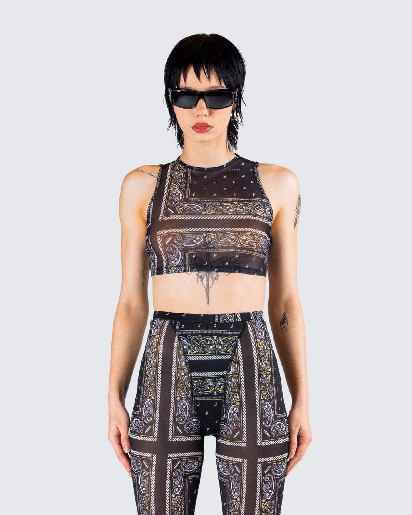 Rikku Black Bandana Mesh Crop Top model front