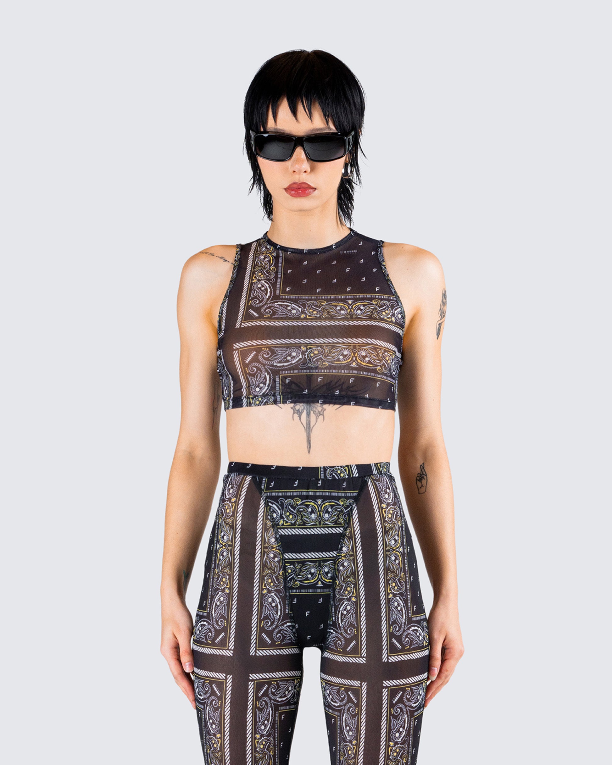 Rikku Black Bandana Mesh Crop Top model front