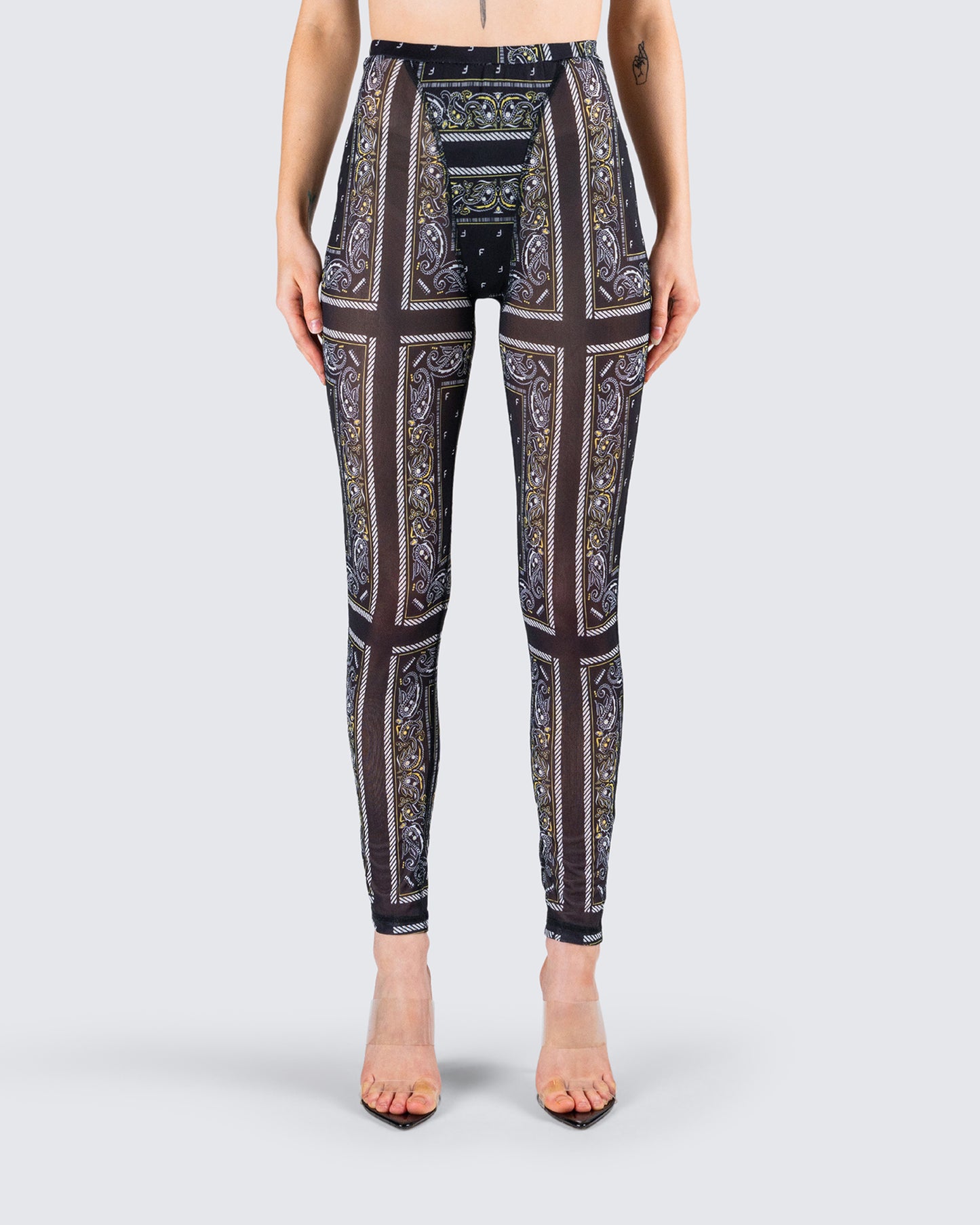 Rikku Black Bandana Mesh Leggings model front