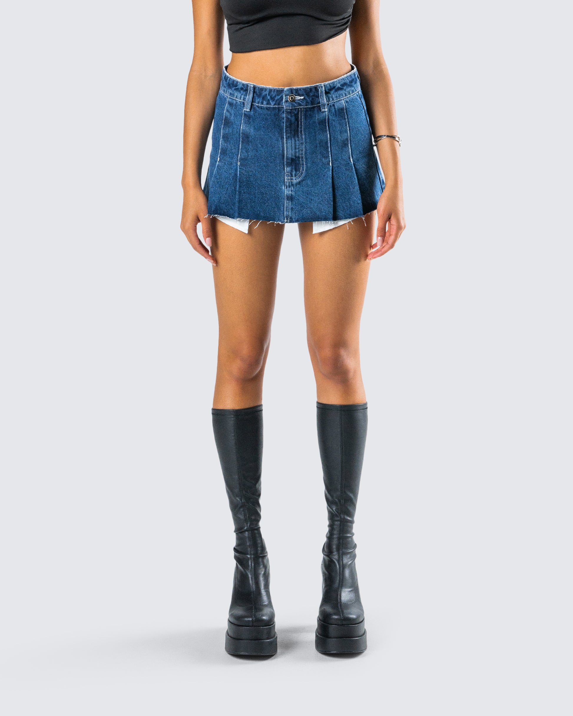 Robyn Pleated Denim Mini Skirt model front