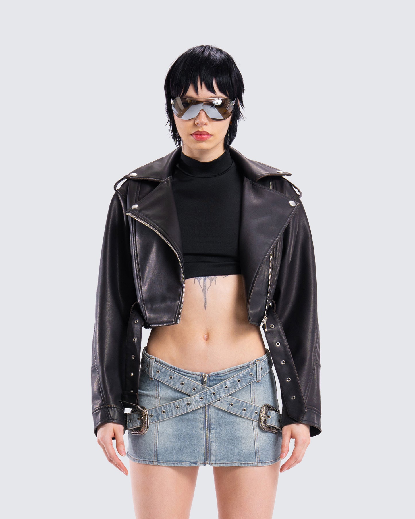 Robyn Vintage Black Cropped Moto Jacket model front