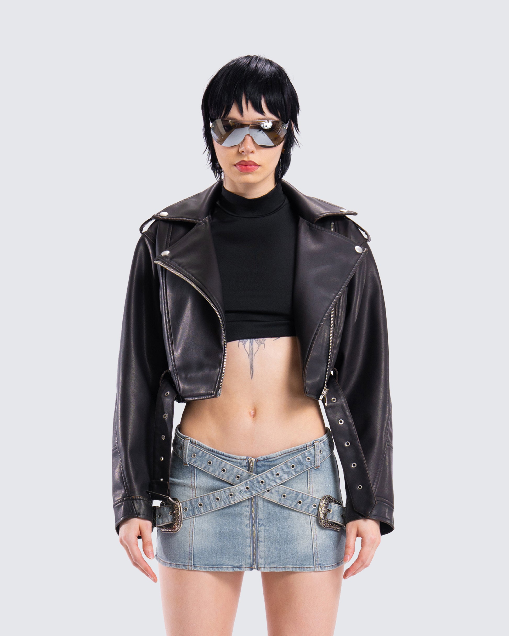 Robyn Vintage Black Cropped Moto Jacket model front