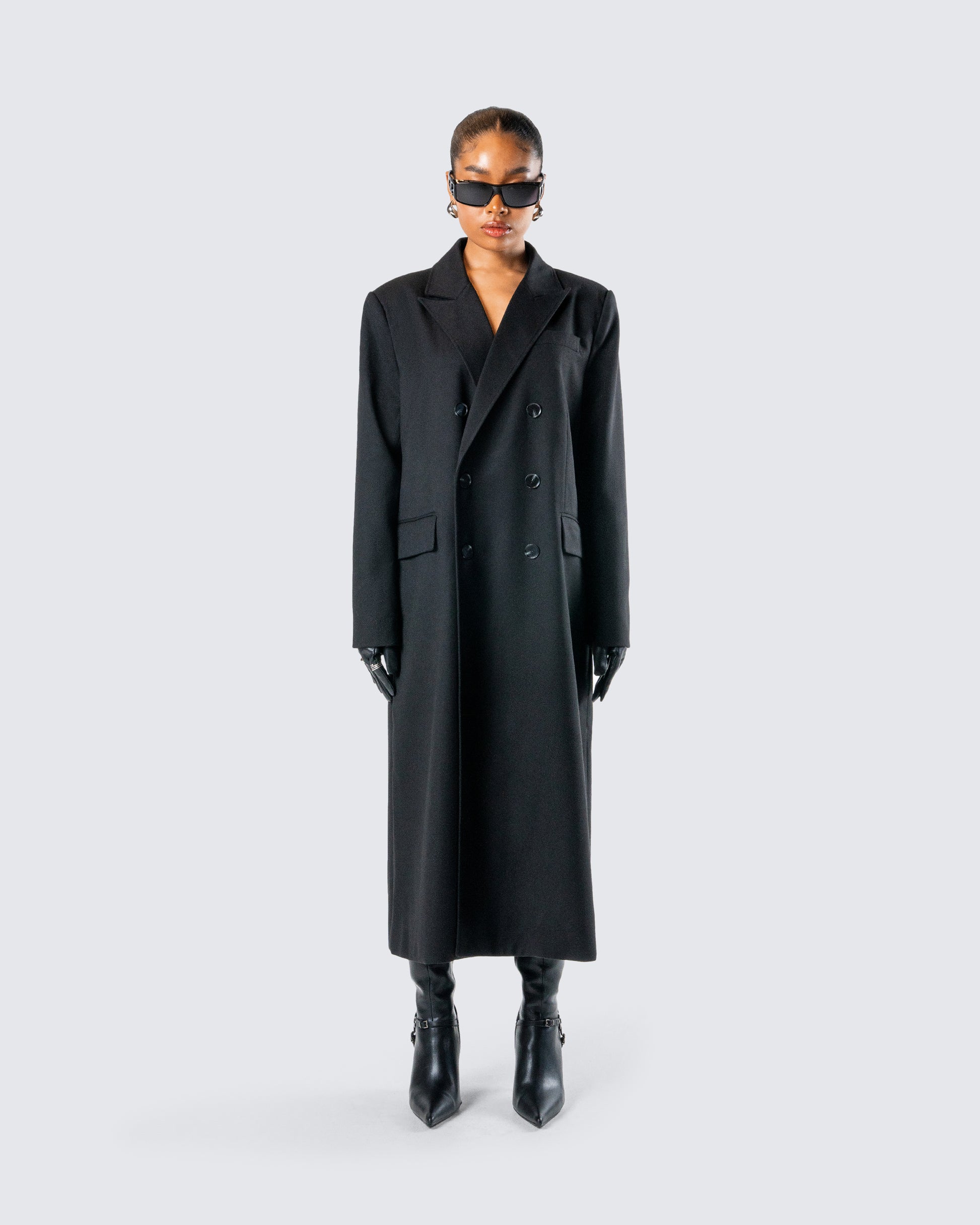 Romilly Black Double Breasted Coat model front