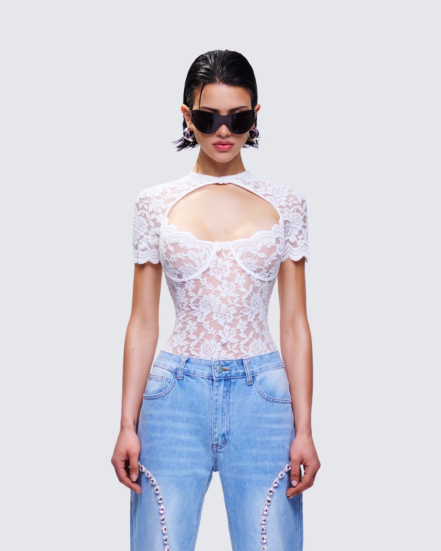 Romona White Lace Cut Out Bodysuit model front