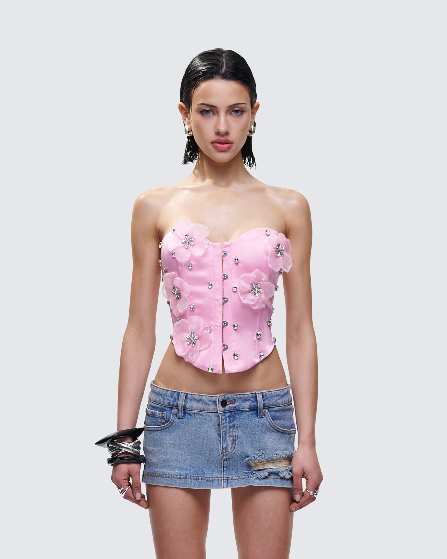 Roselle Pink Rhinestone Corset Top model front