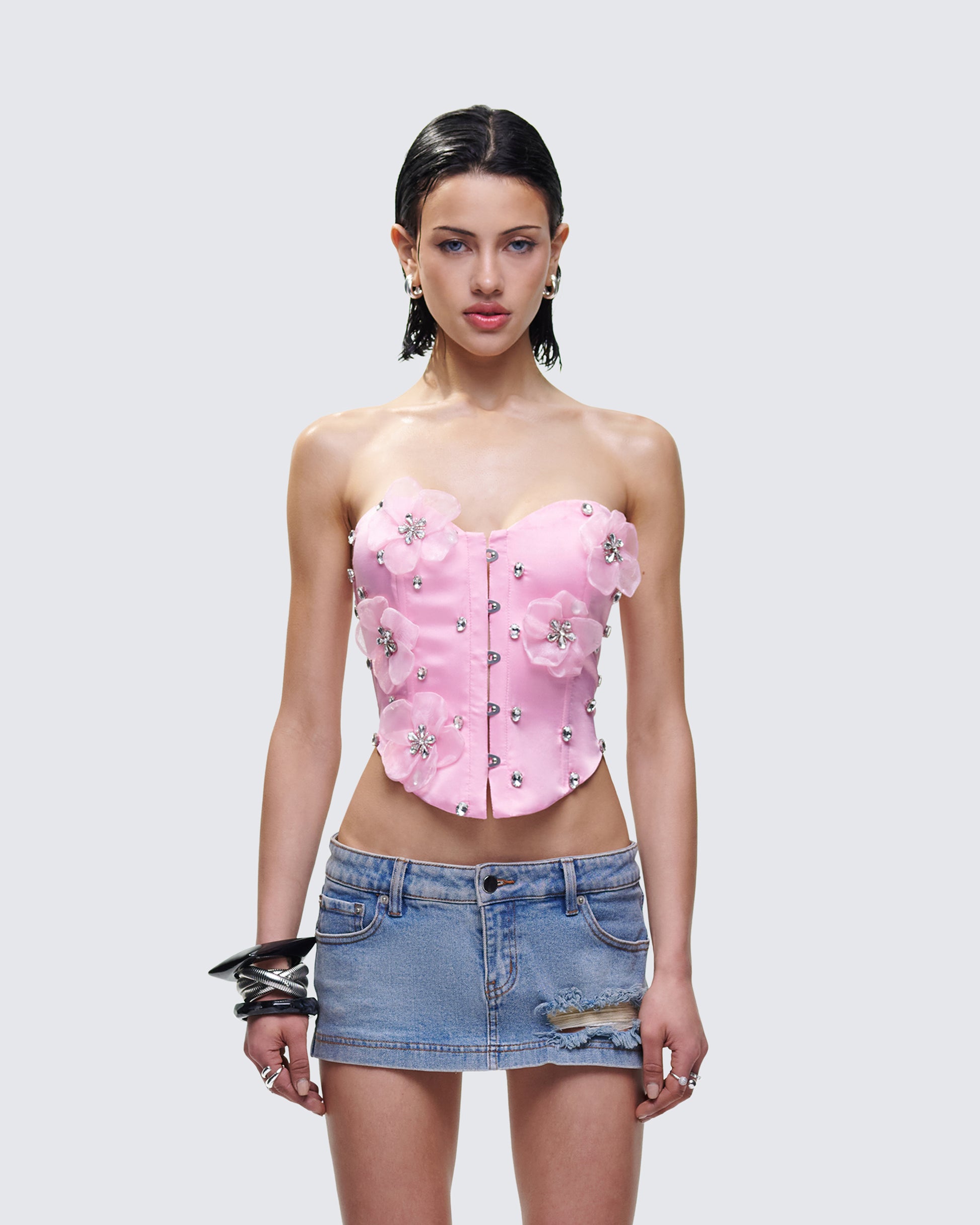 Roselle Pink Rhinestone Corset Top model front