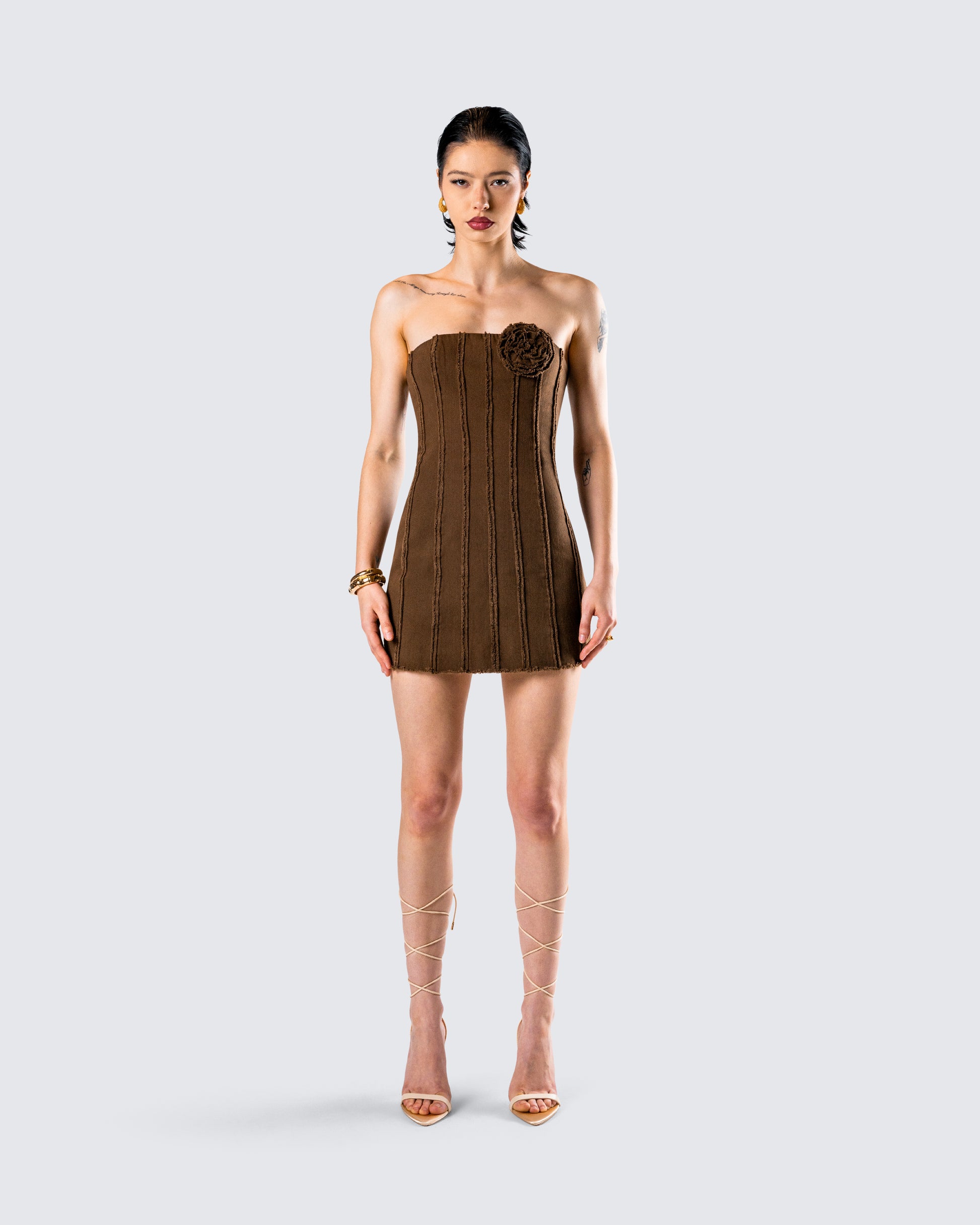 Ruby Brown Strapless Mini Dress model front