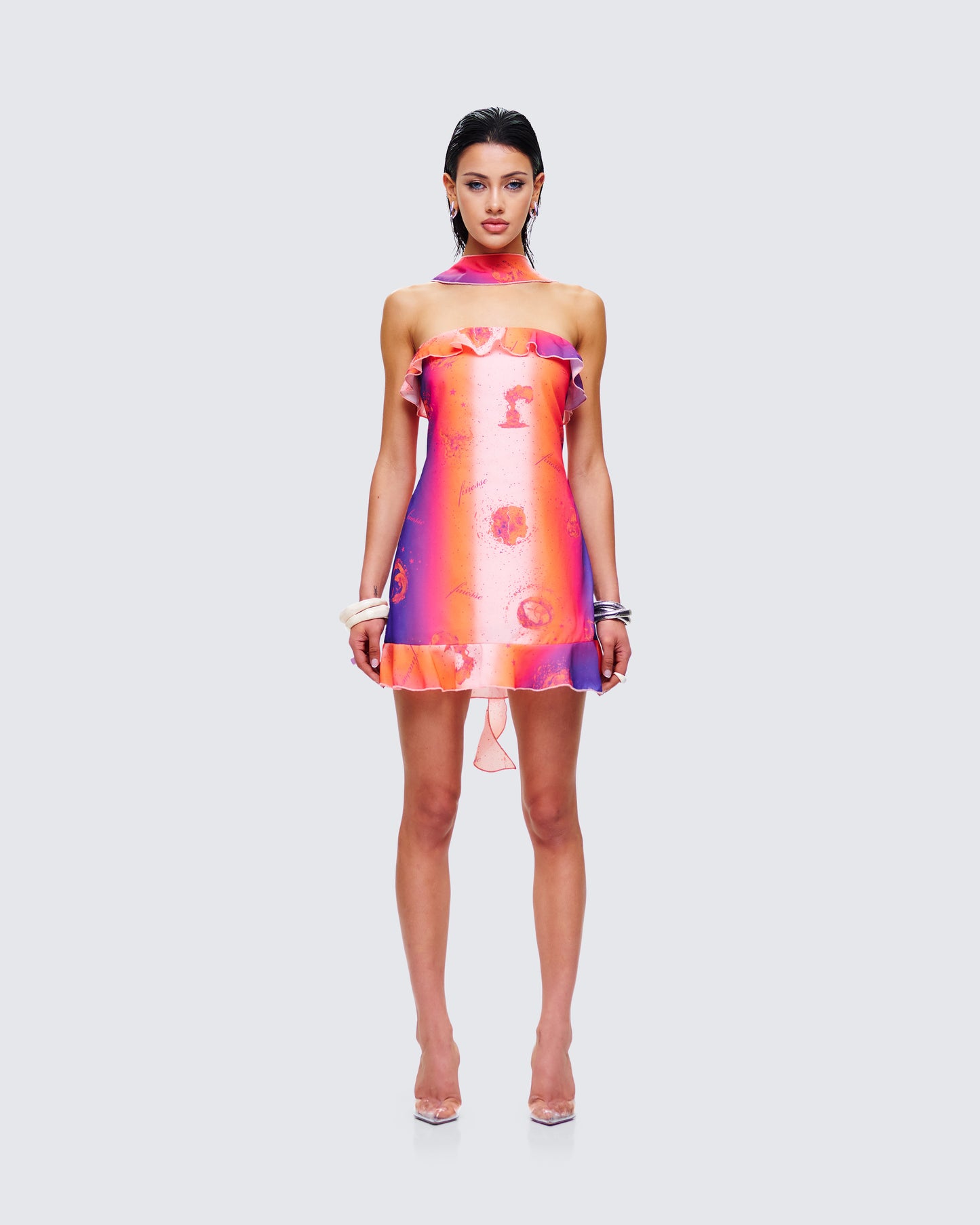Ryann Multi Celestial Print Mini Dress model front