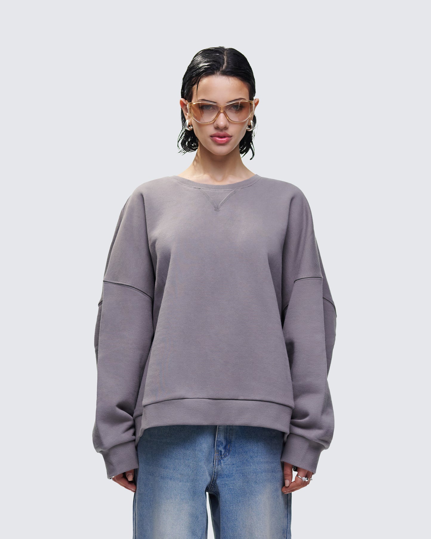 Salima Grey Oversized Sweater model front
