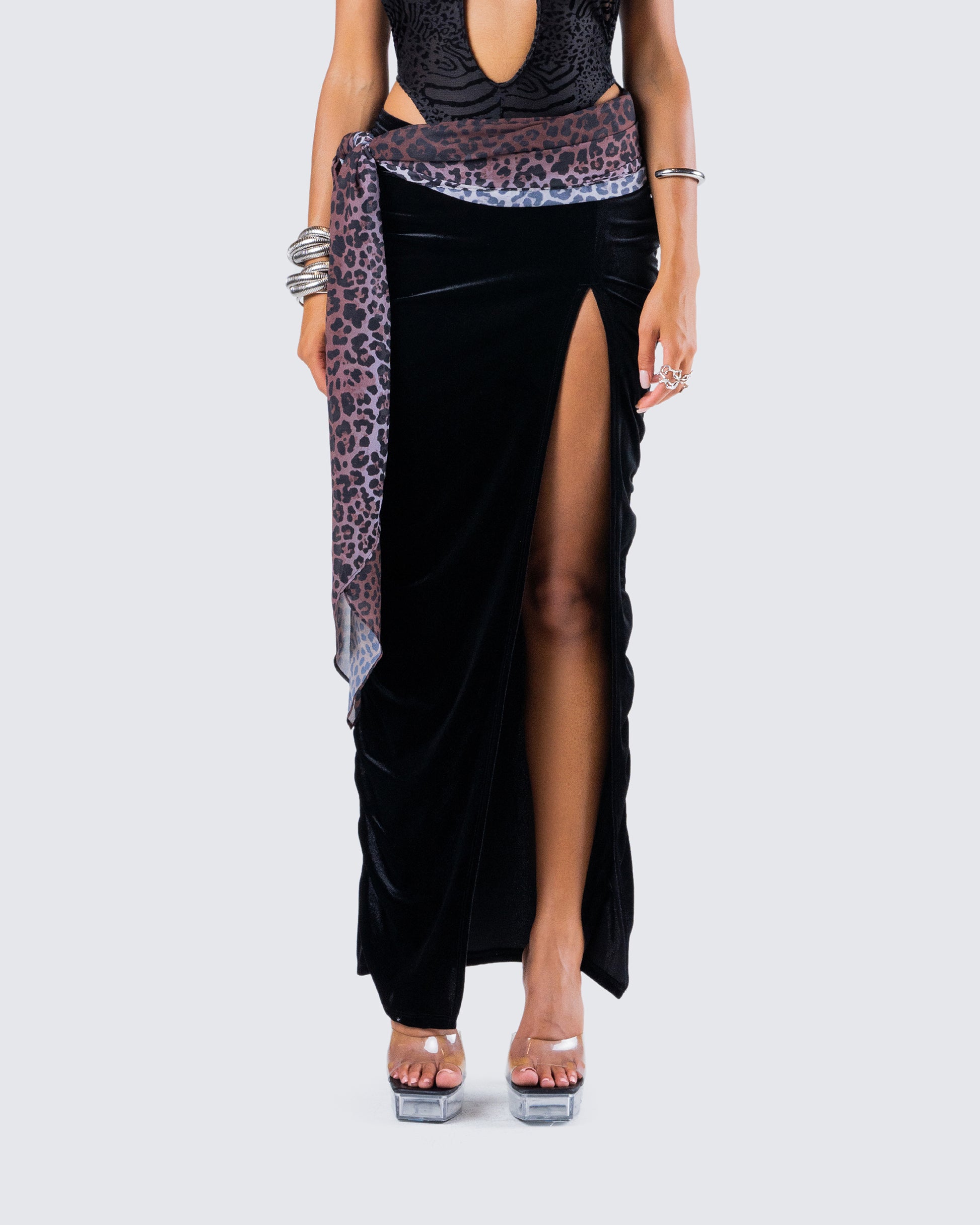 Samantha Black Velvet Maxi Skirt model front