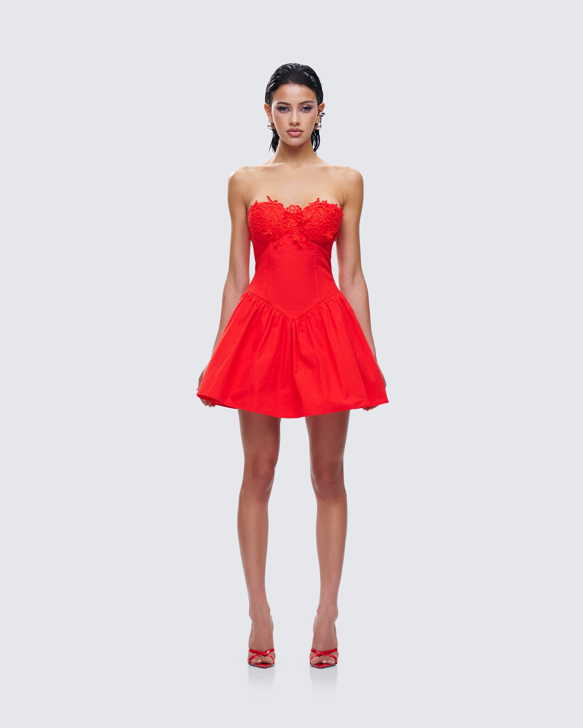 Sarai Red Lace Applique Mini Dress model front