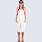 Saskia White Satin Slit Midi Dress model front