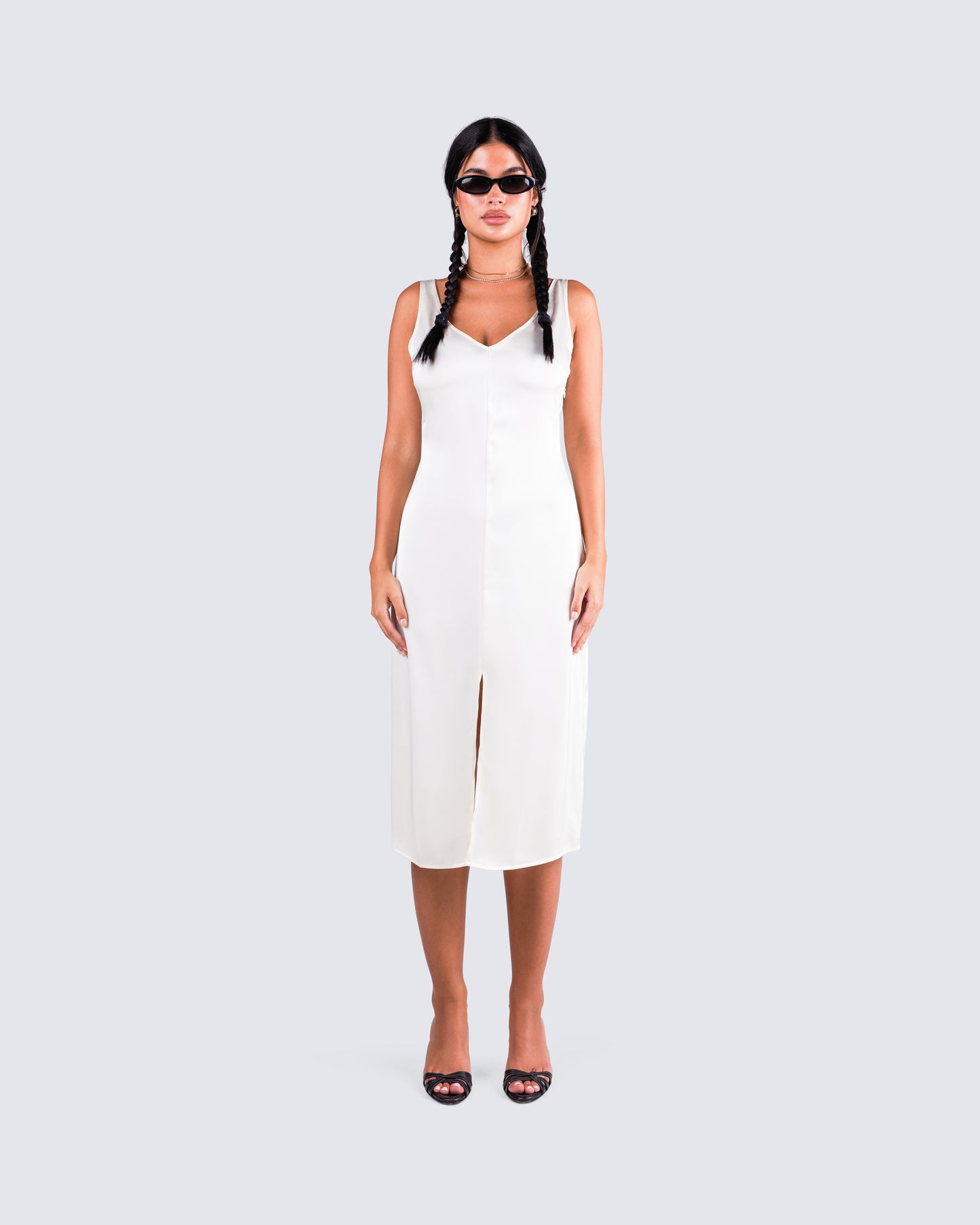 Saskia White Satin Slit Midi Dress model front