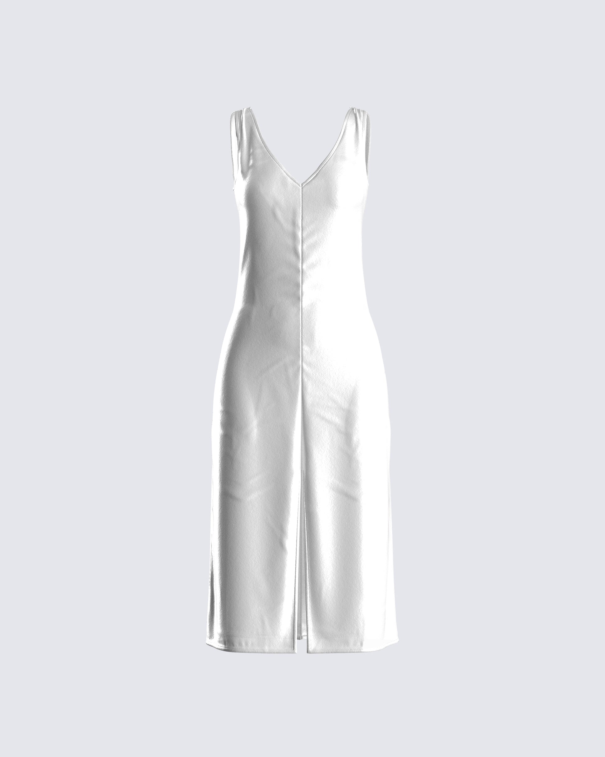Saskia White Satin Slit Midi Dress 3d product front