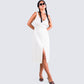 Saskia White Satin Slit Midi Dress